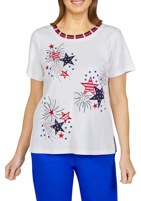 Alfred Dunner Petite Firework Stars Embroidered Knit Top