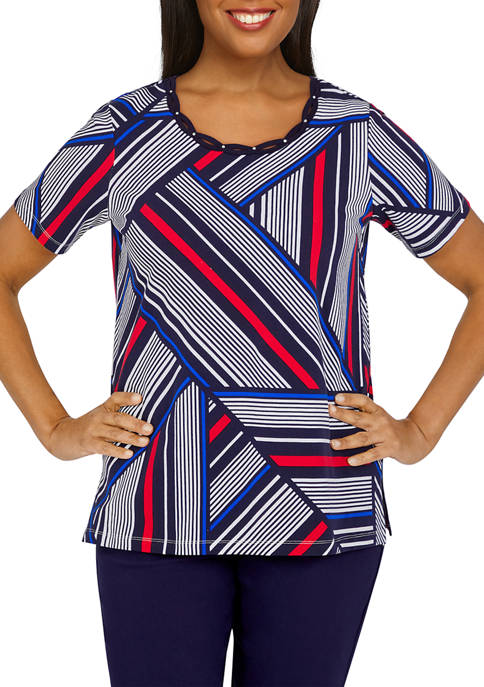 Alfred Dunner Petite Stripe Patchwork Spliced Knit Top