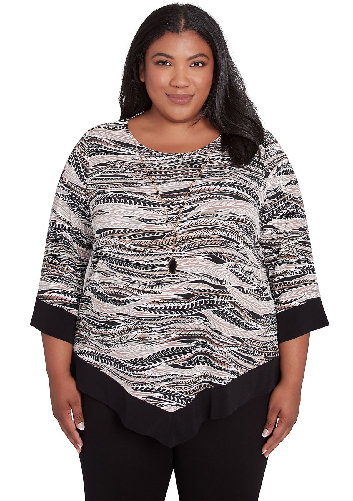 Plus Size Romancing The Stone Feathers Top with Trim