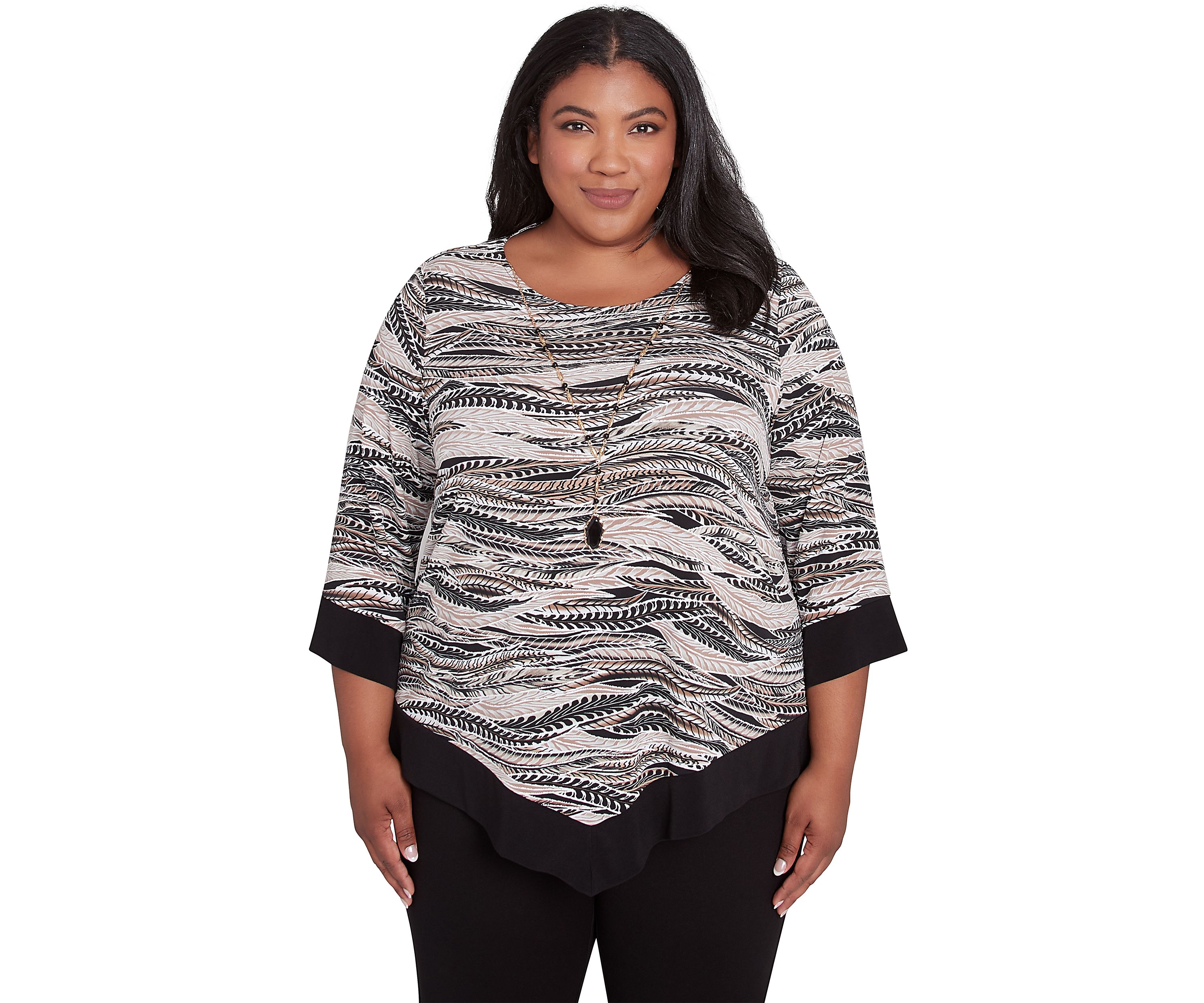 Plus Size Romancing The Stone Feathers Top with Trim