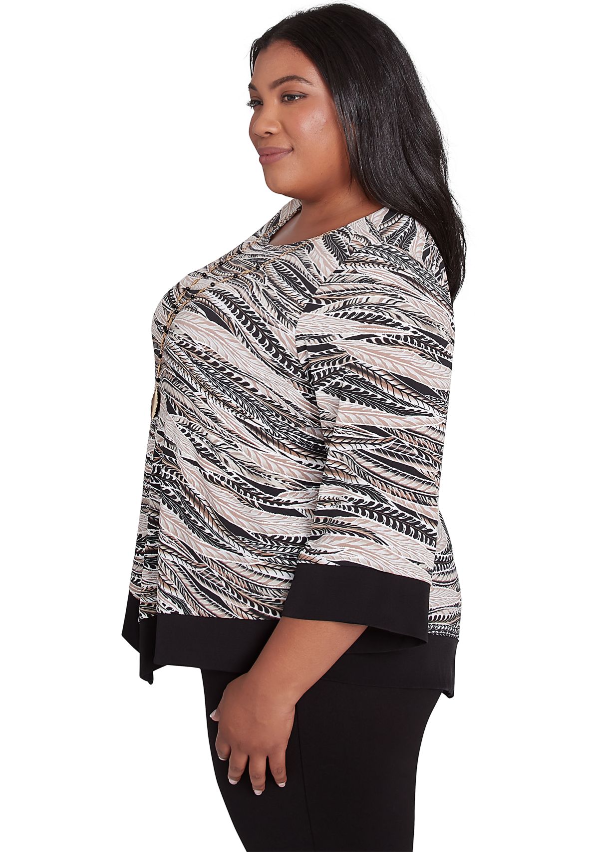 Plus Size Romancing The Stone Feathers Top with Trim