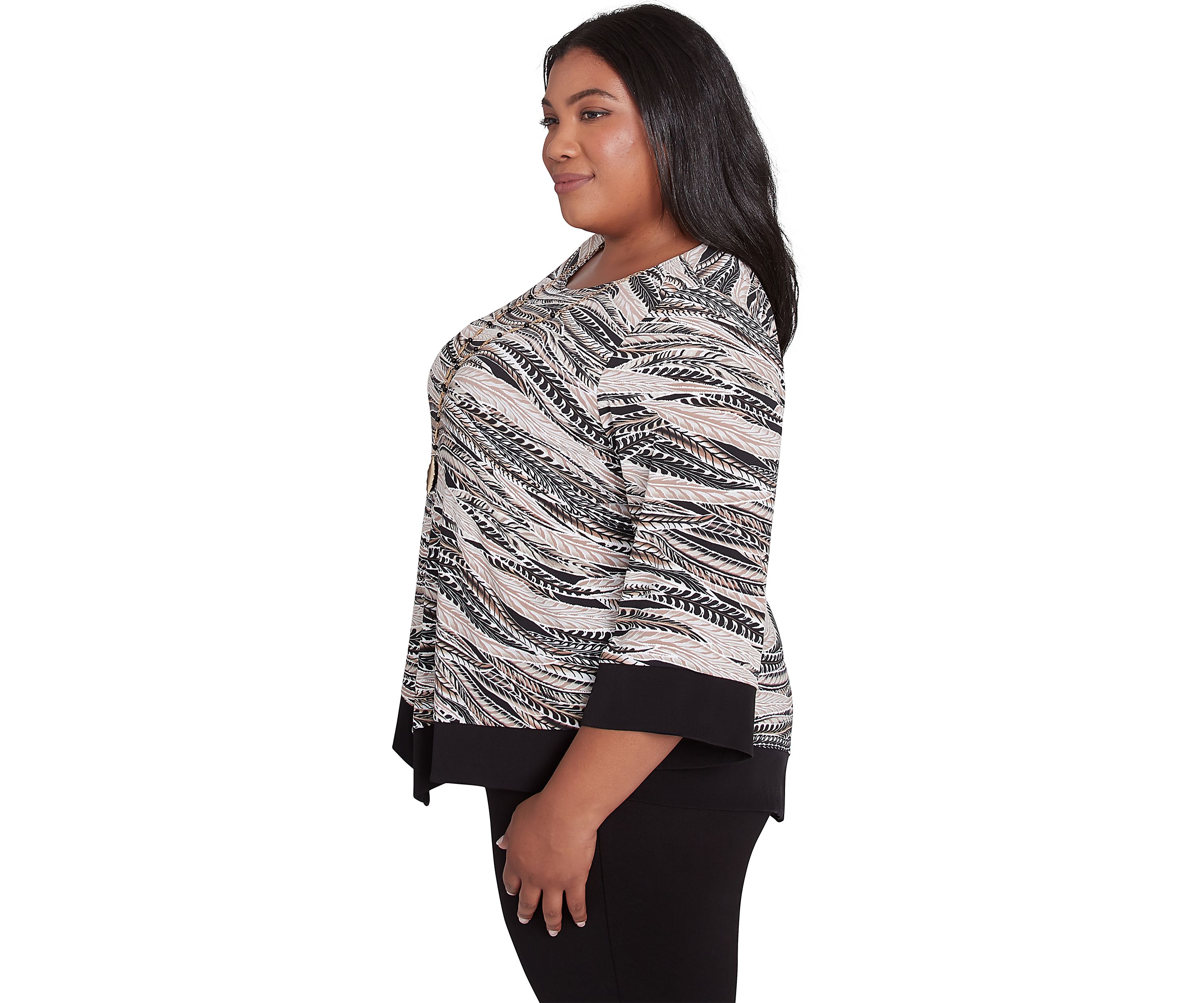 Plus Size Romancing The Stone Feathers Top with Trim
