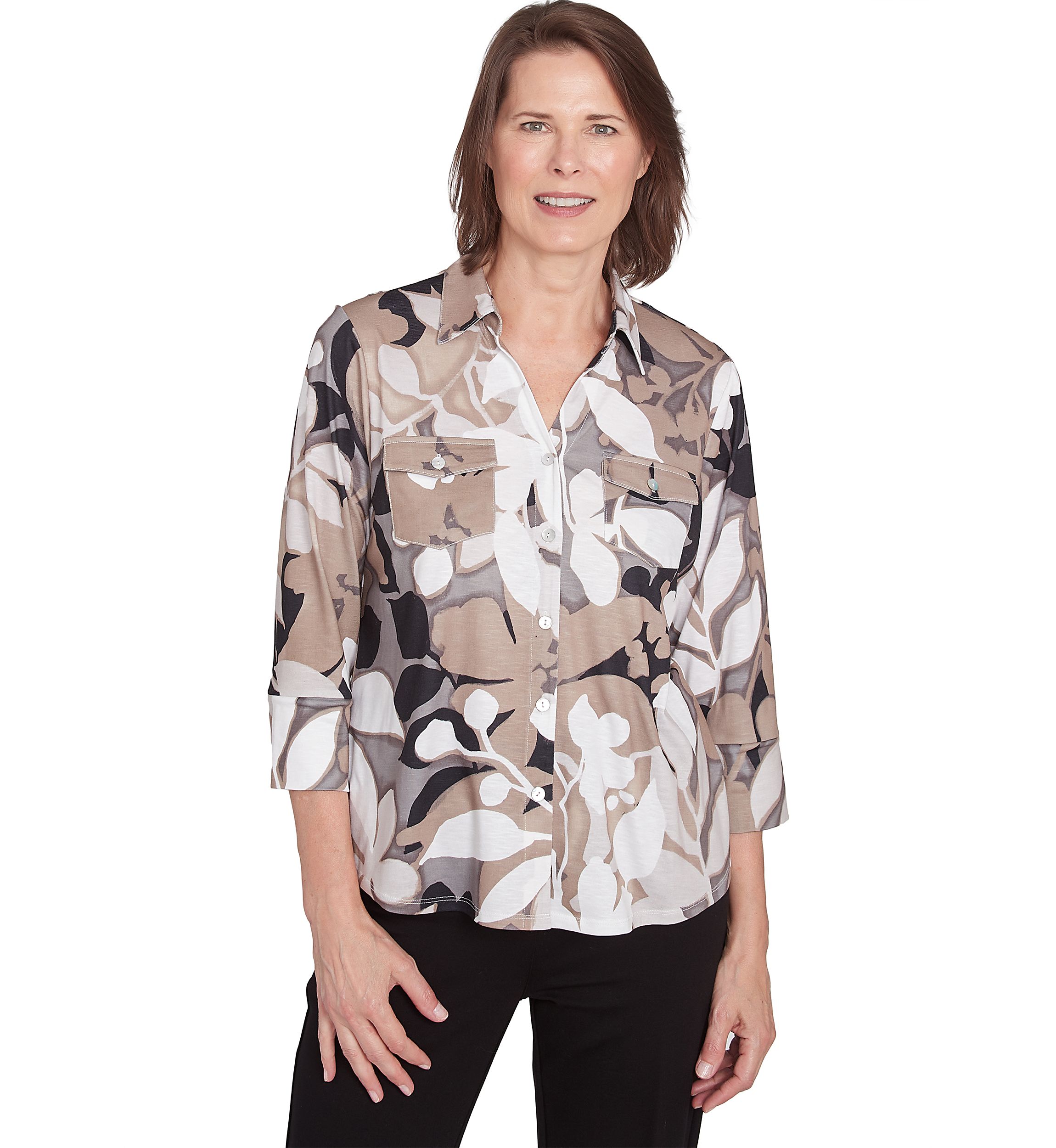 Petite Romancing The Stone Shadow Leaf Knit Shirt