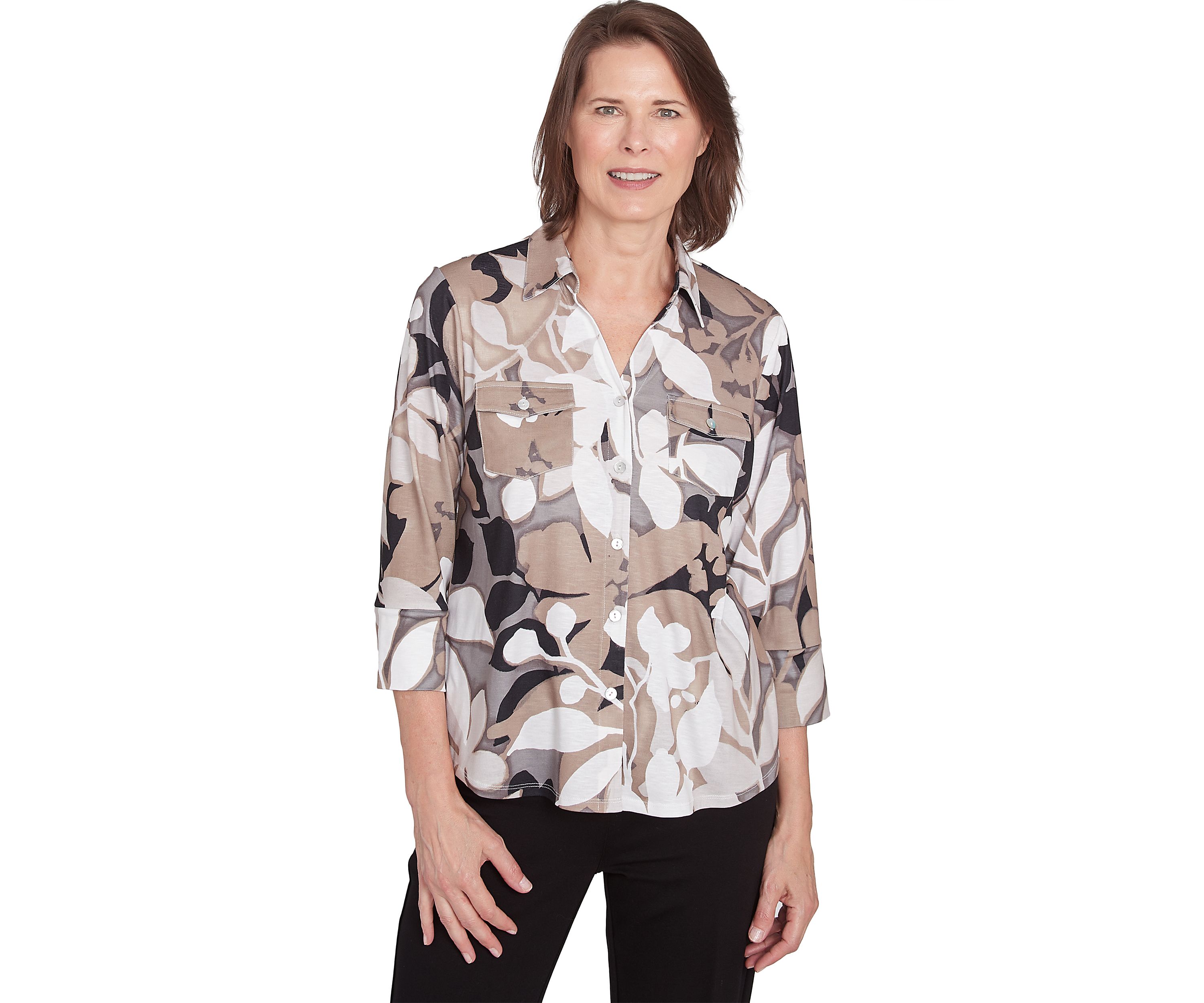 Petite Romancing The Stone Shadow Leaf Knit Shirt
