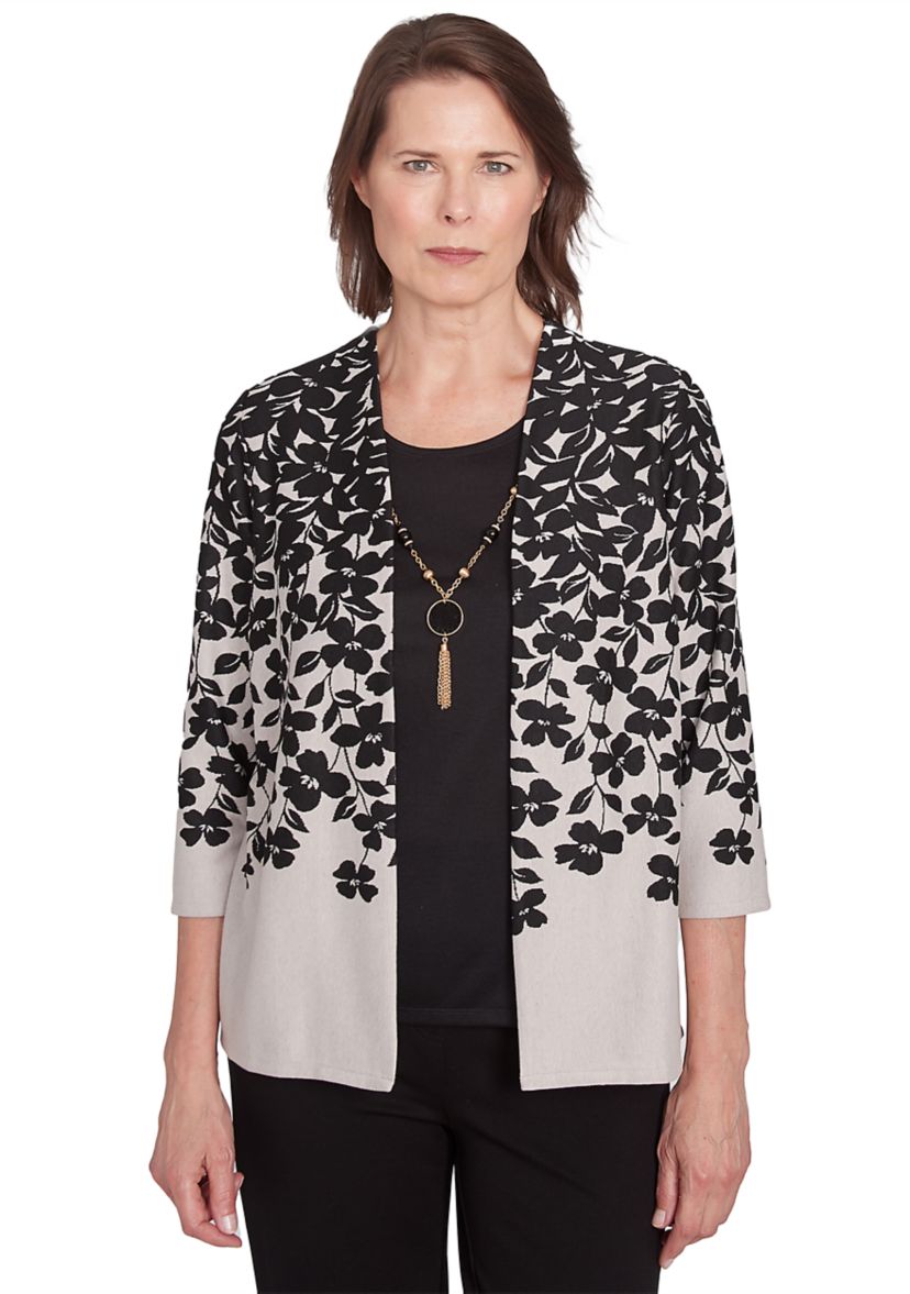 Petite Romancing The Stone Cascade Leaves Printed 2Fer Cardigan