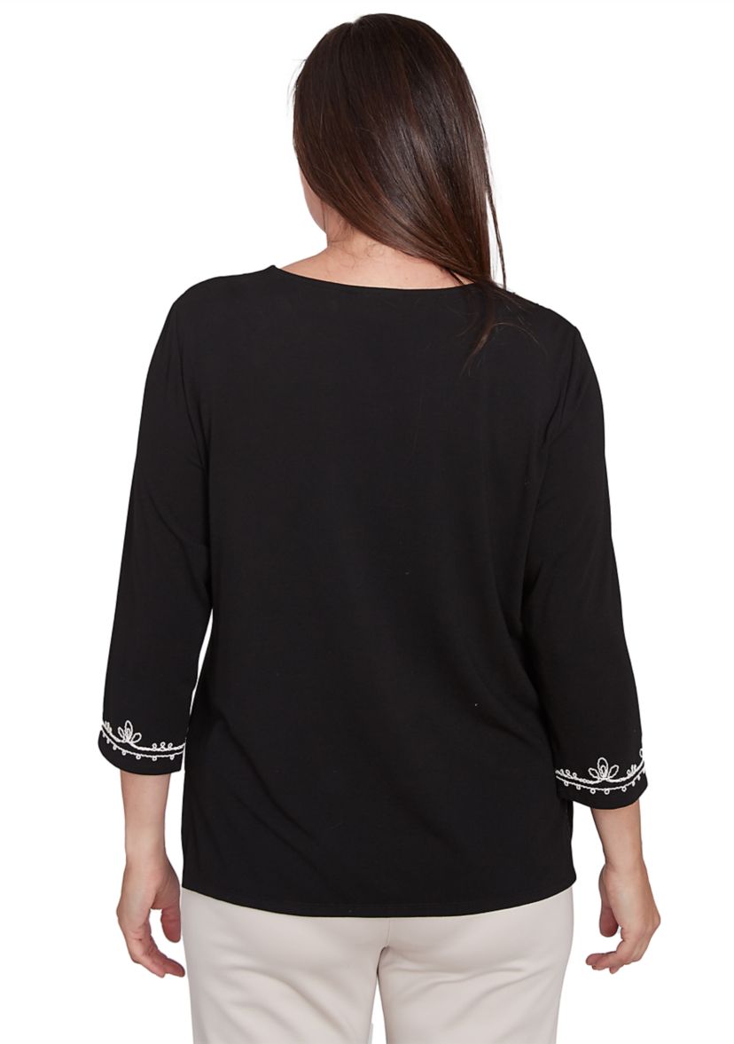 Petite Romancing the Stone Scroll Embroidered Yoke Top