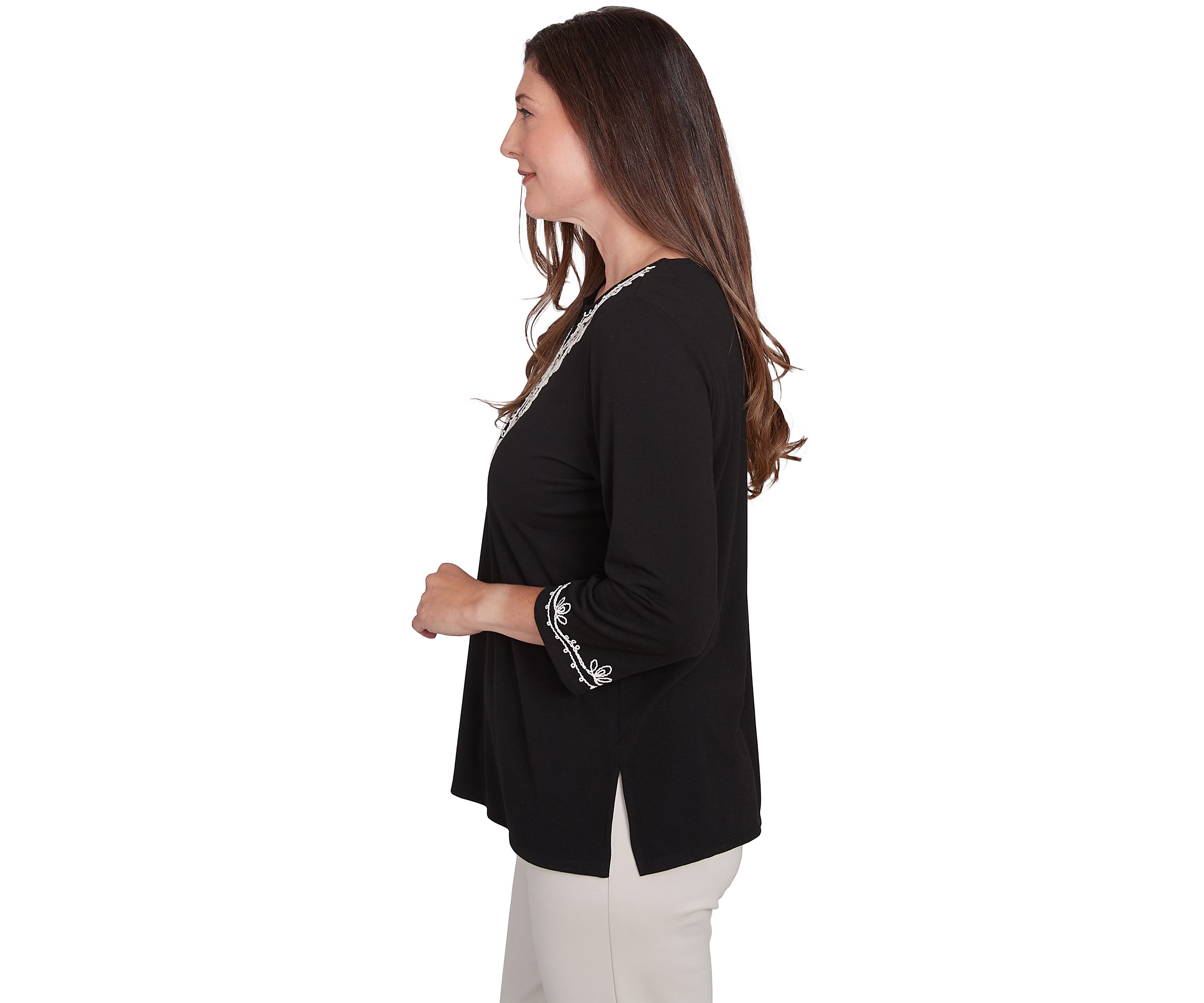 Petite Romancing the Stone Scroll Embroidered Yoke Top