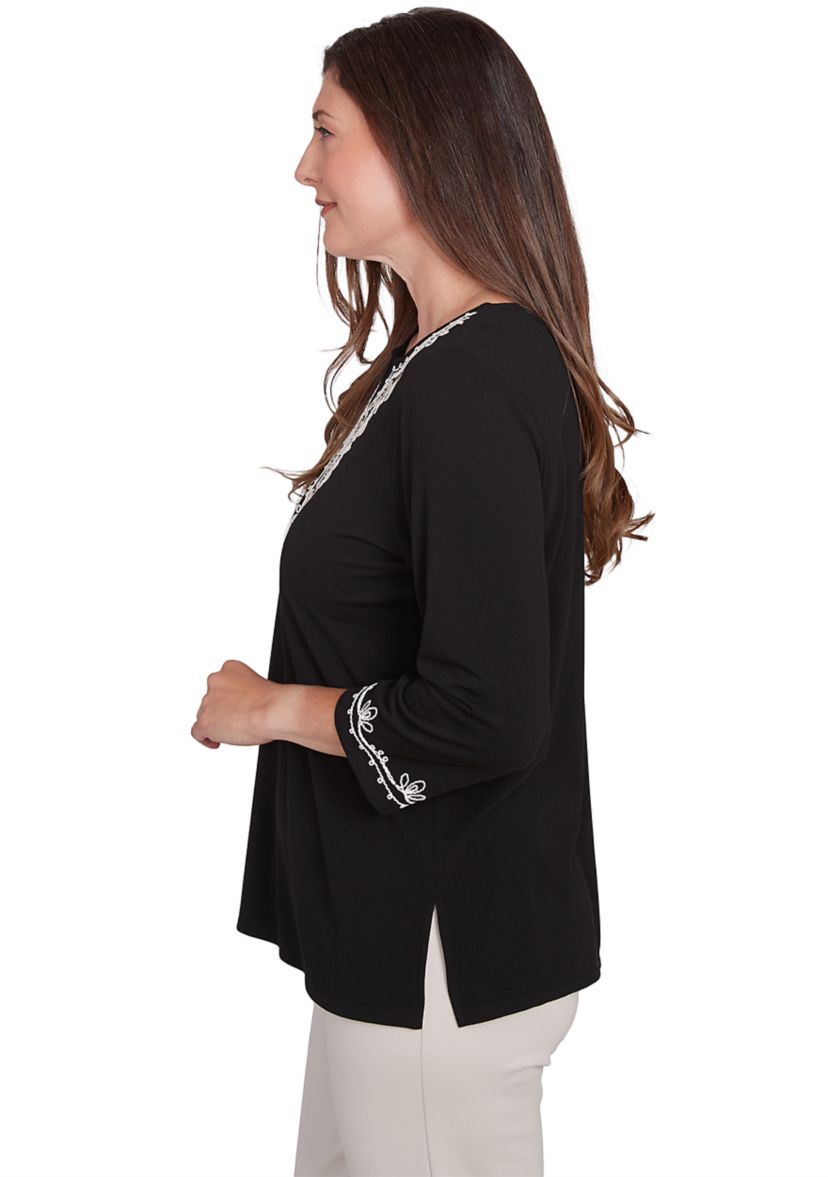 Petite Romancing the Stone Scroll Embroidered Yoke Top