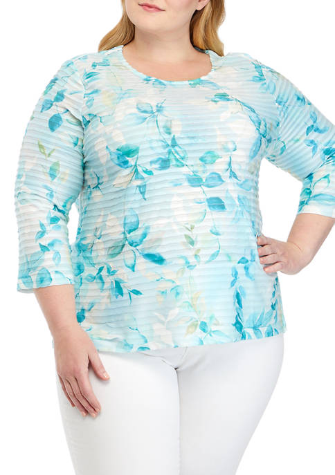 Plus Size 3/4 Sleeve Floral Striped Top 