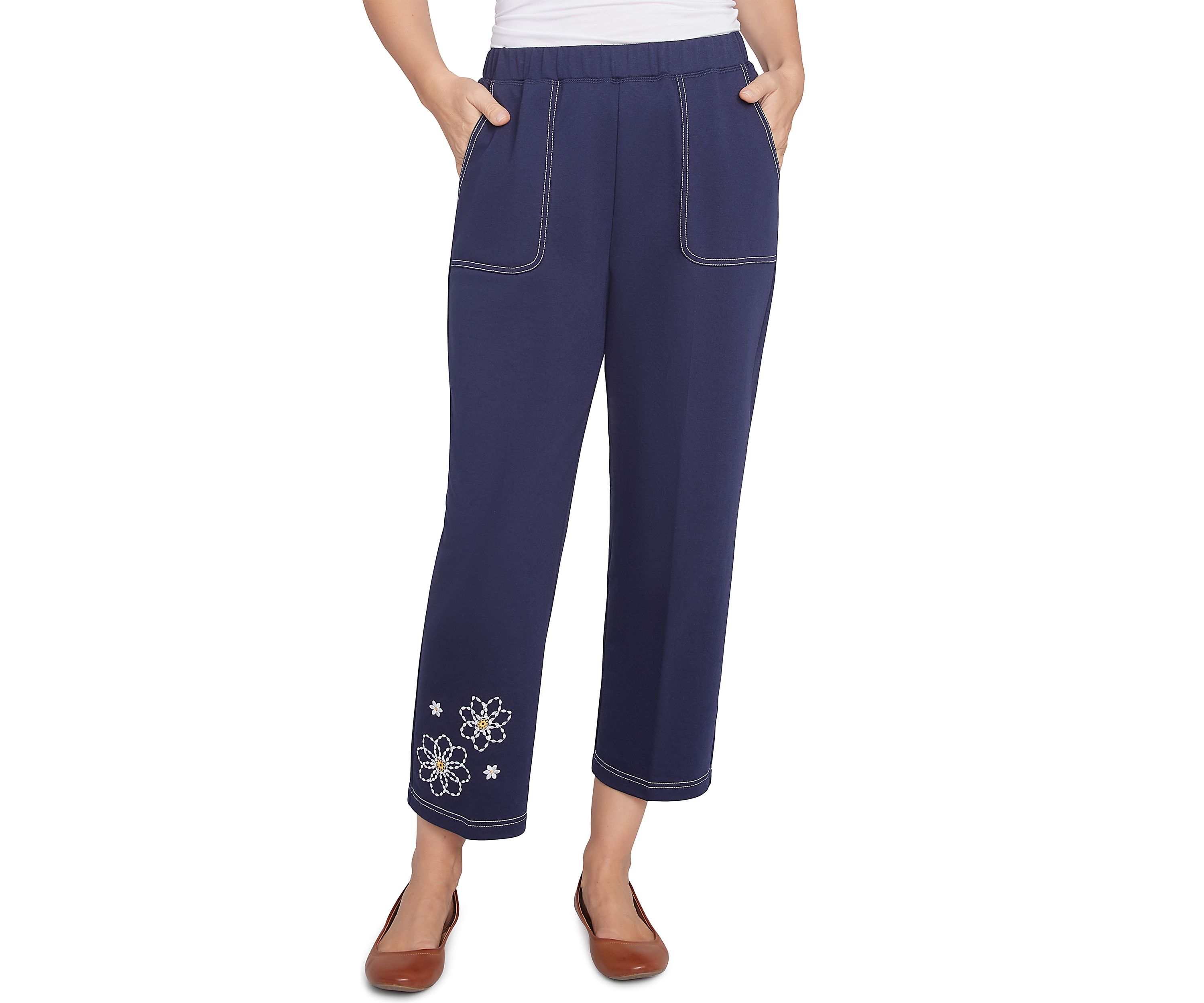 Womens Block Island Embroidered Daisies Ankle Pants