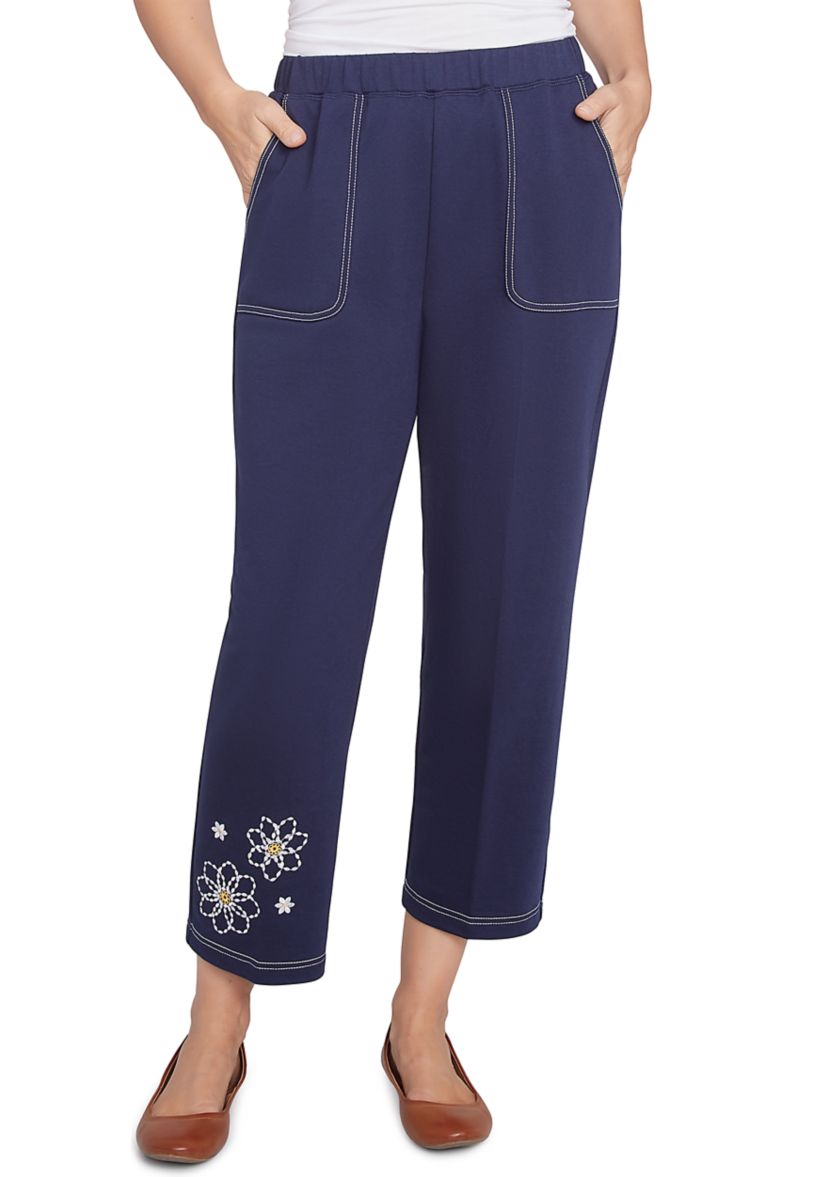 Womens Block Island Embroidered Daisies Ankle Pants