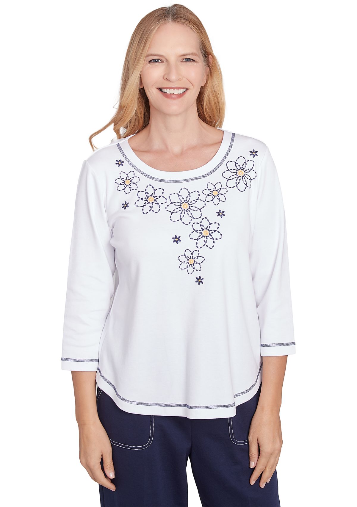 Womens Block Island Floral Embroidered Yoke Top