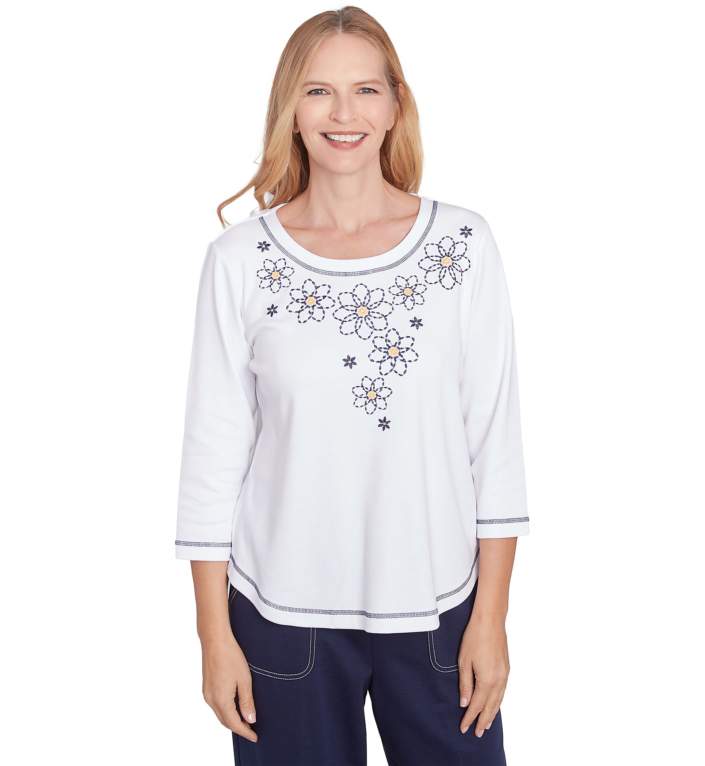 Womens Block Island Floral Embroidered Yoke Top
