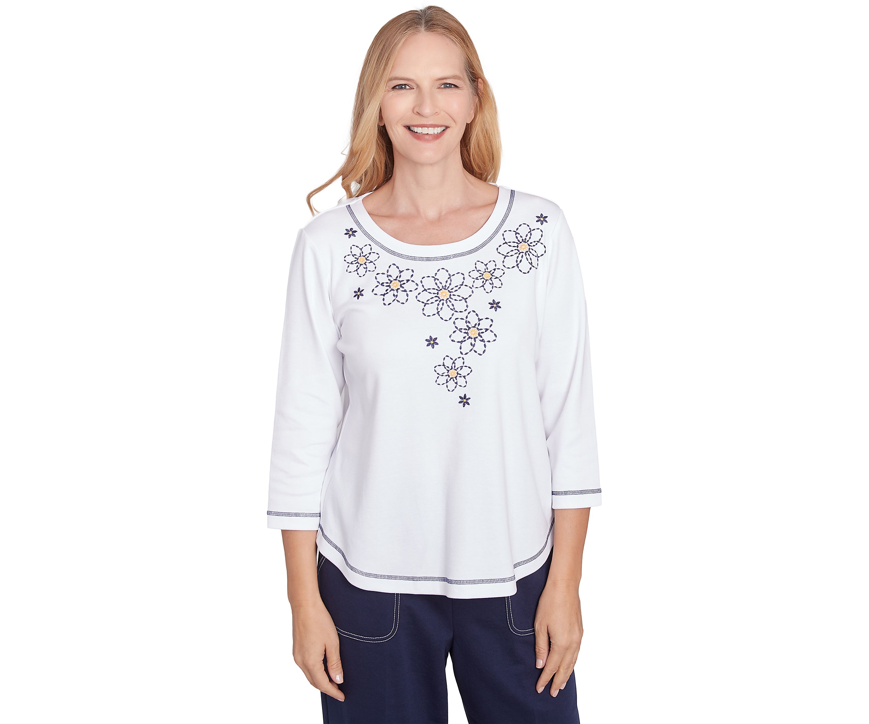 Womens Block Island Floral Embroidered Yoke Top