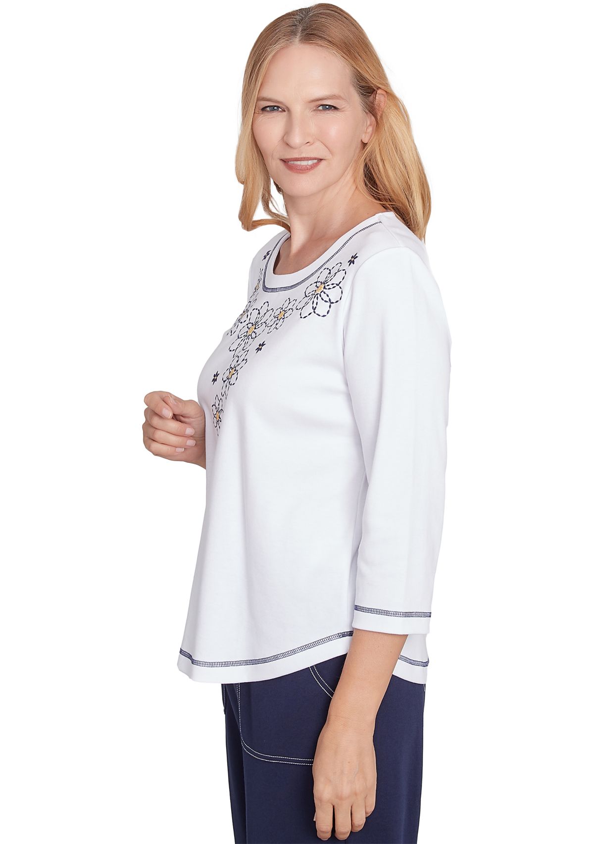 Womens Block Island Floral Embroidered Yoke Top