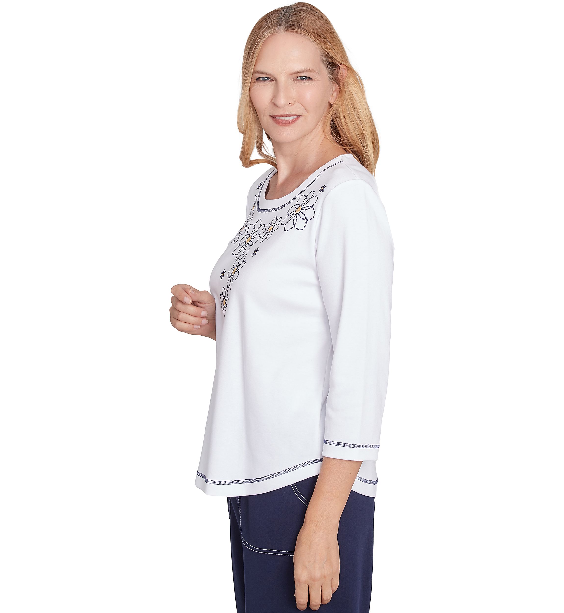 Womens Block Island Floral Embroidered Yoke Top