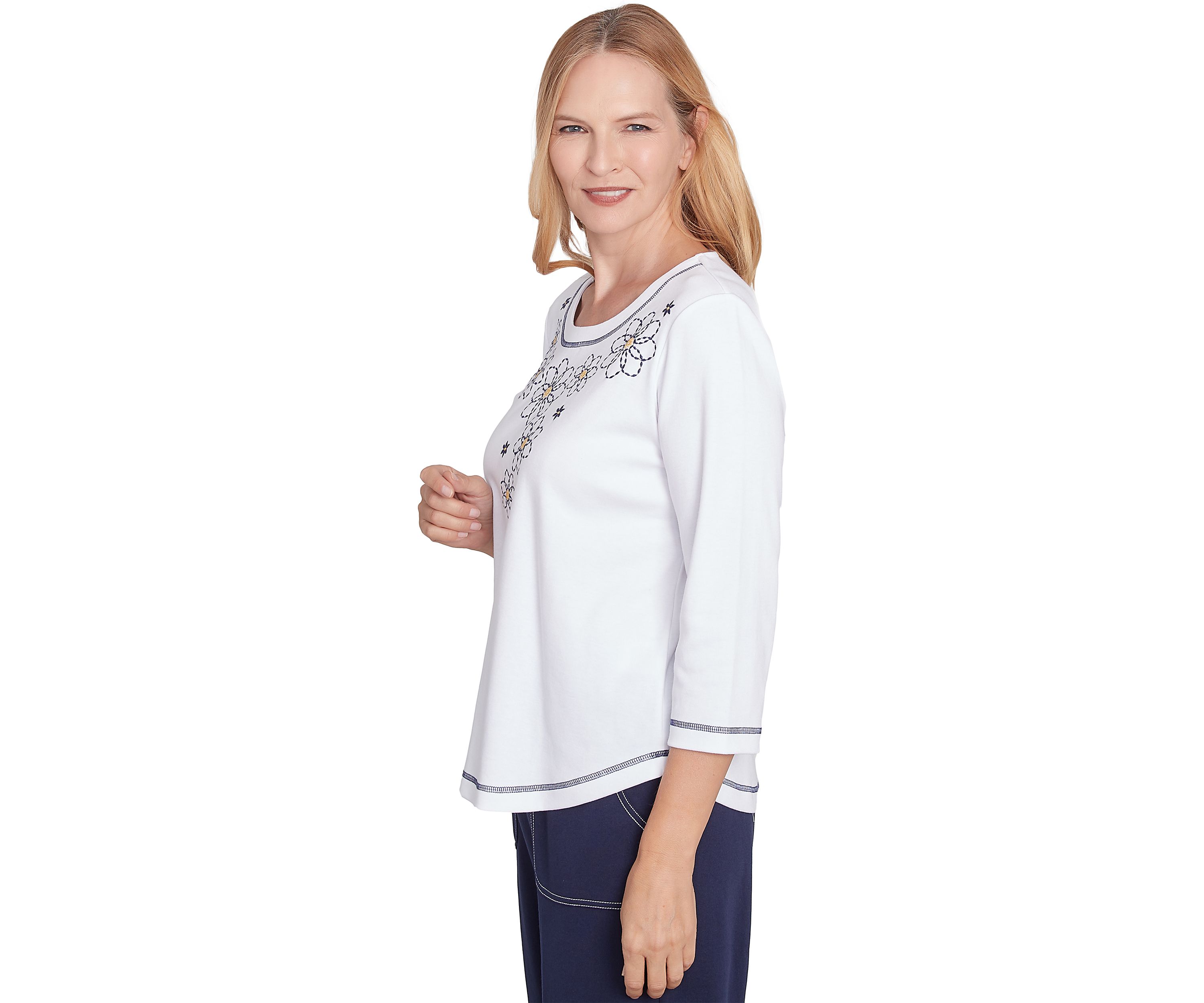 Womens Block Island Floral Embroidered Yoke Top