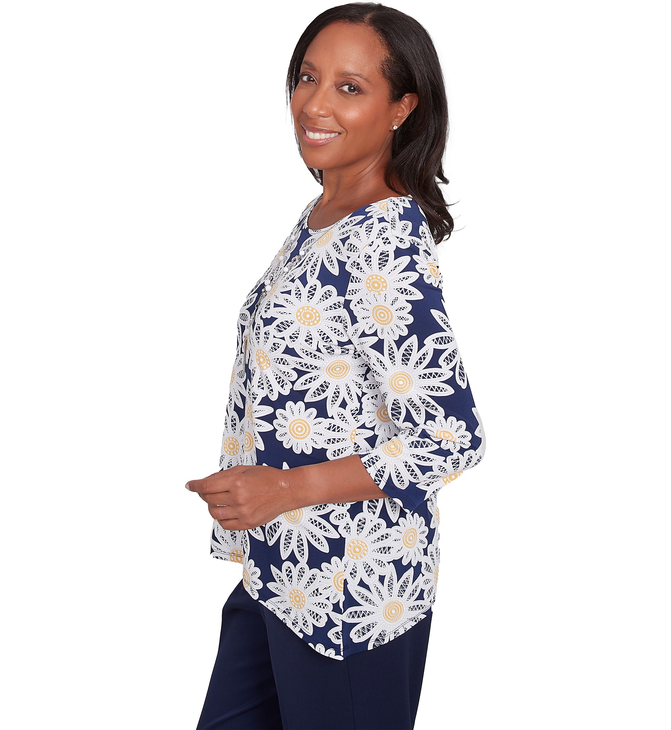 Womens Block Island Daisies Puff Printed Top