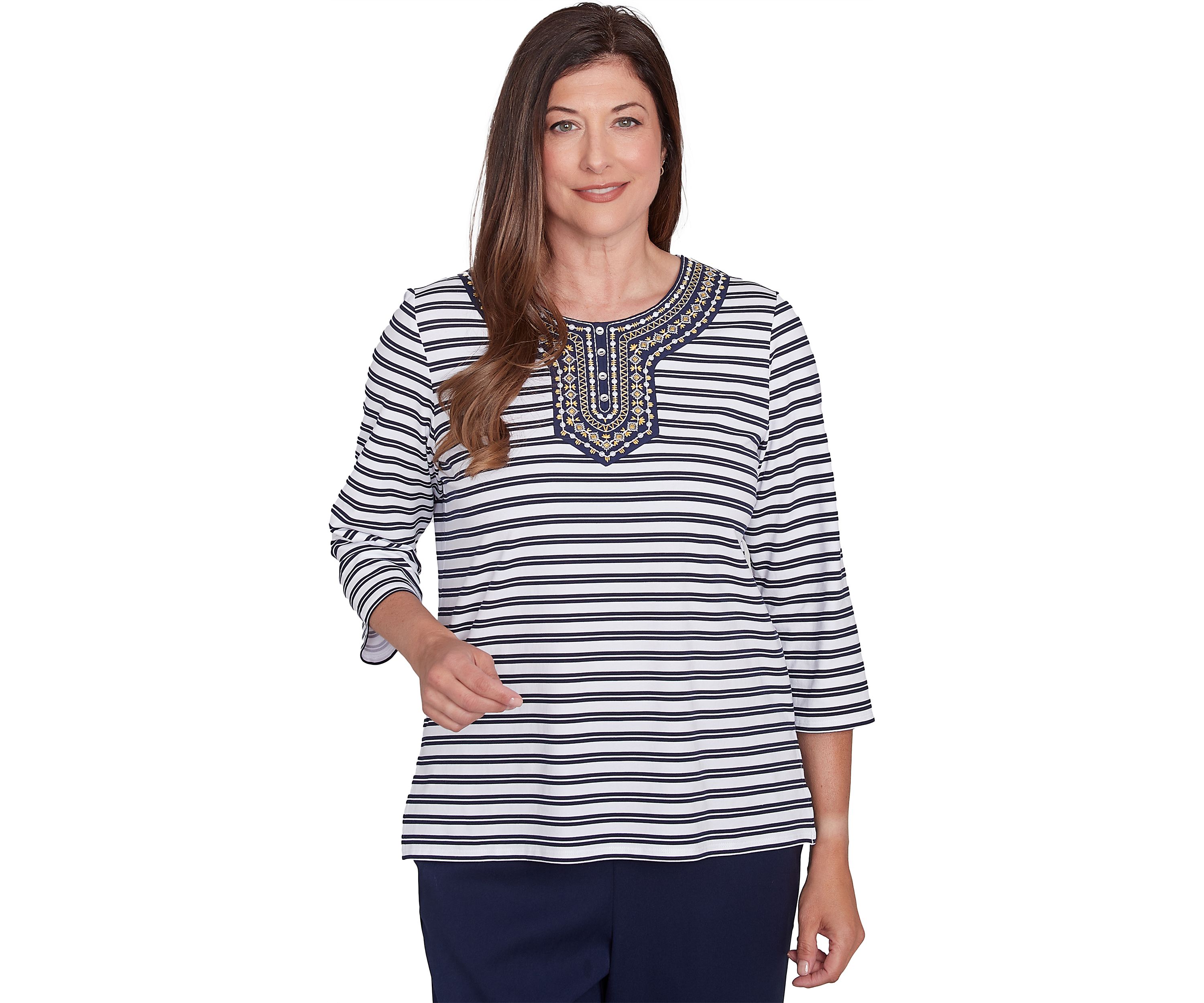 Womens Block Island Stripe Embroidered Yoke Top