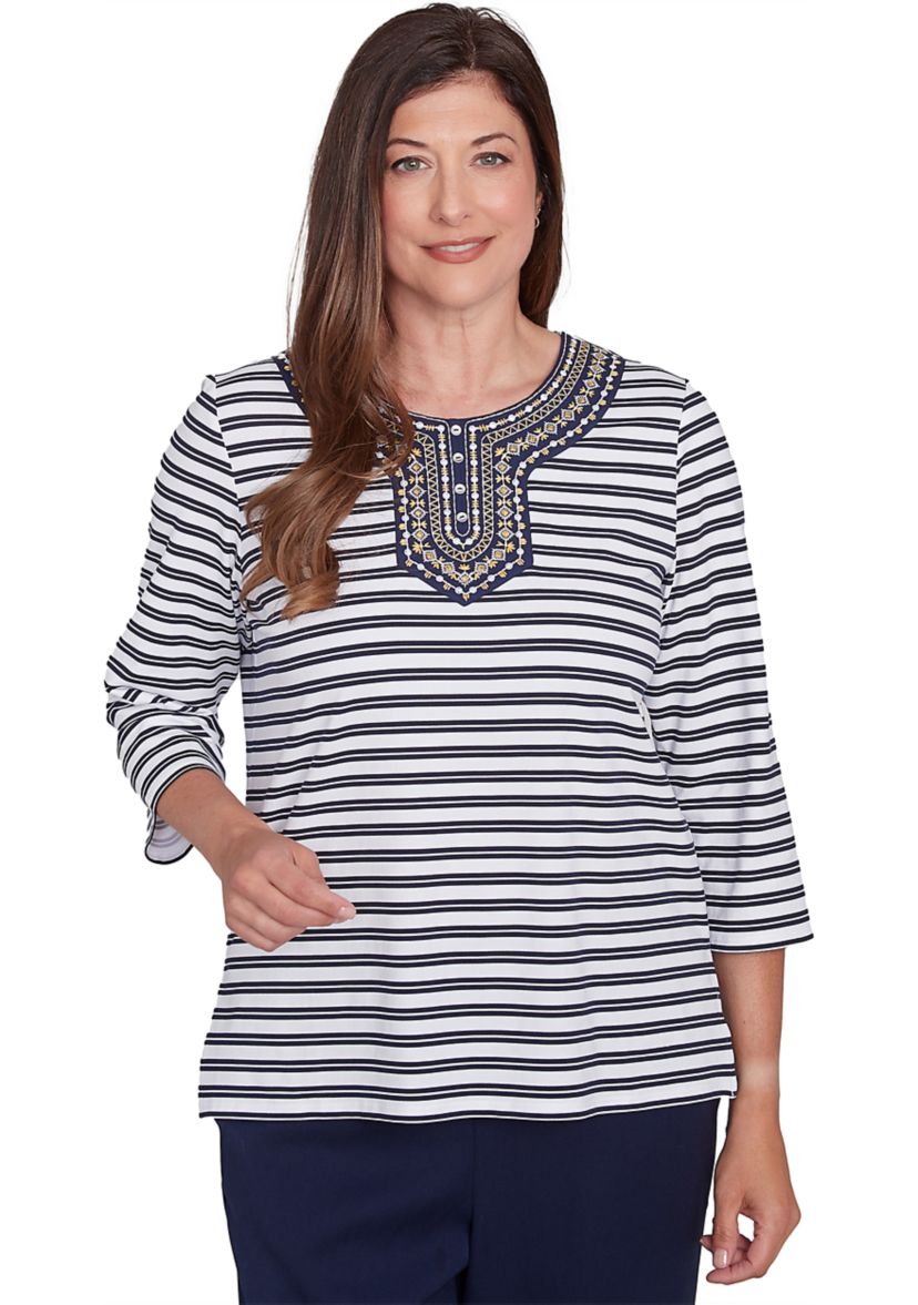 Womens Block Island Stripe Embroidered Yoke Top