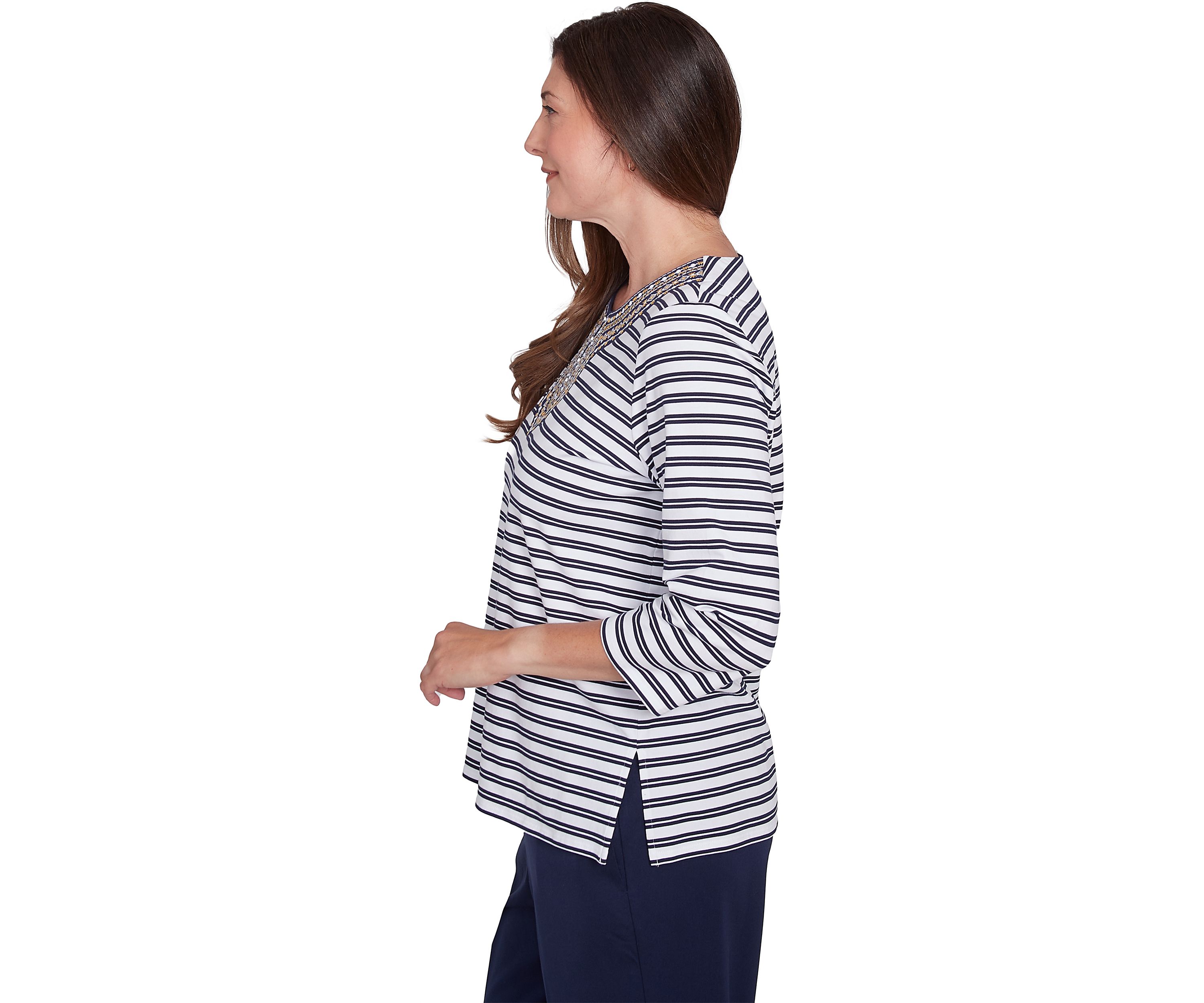 Womens Block Island Stripe Embroidered Yoke Top