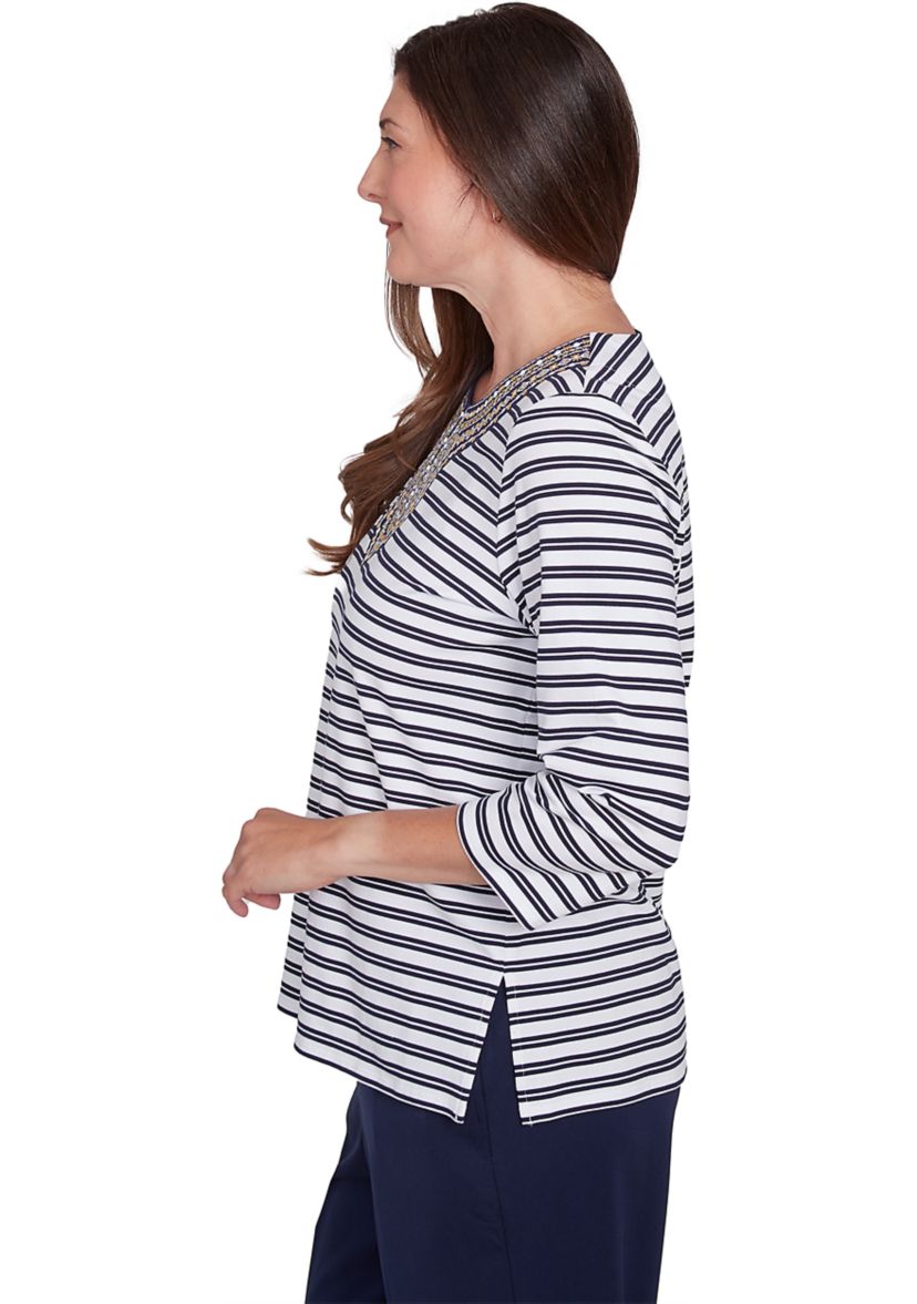 Womens Block Island Stripe Embroidered Yoke Top