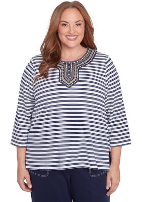 Alfred Dunner Women's Plus Size Block Island Stripe with Embroidered Yoke Top, 3X