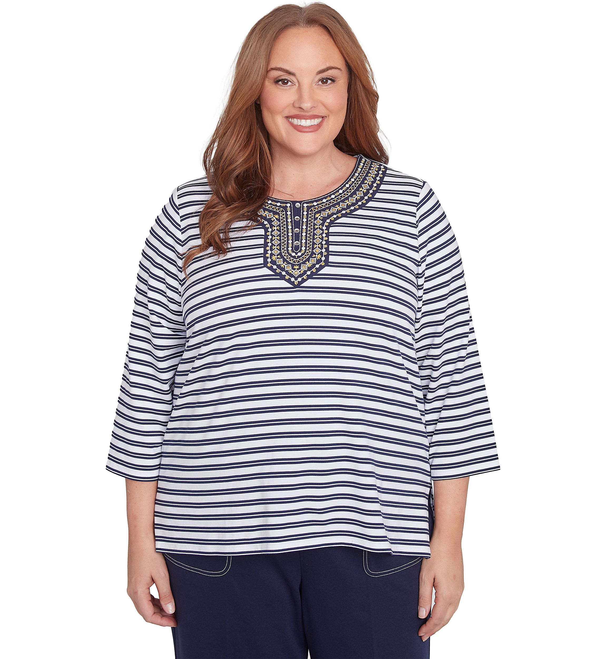 Plus Size Block Island Stripe with Embroidered Yoke Top
