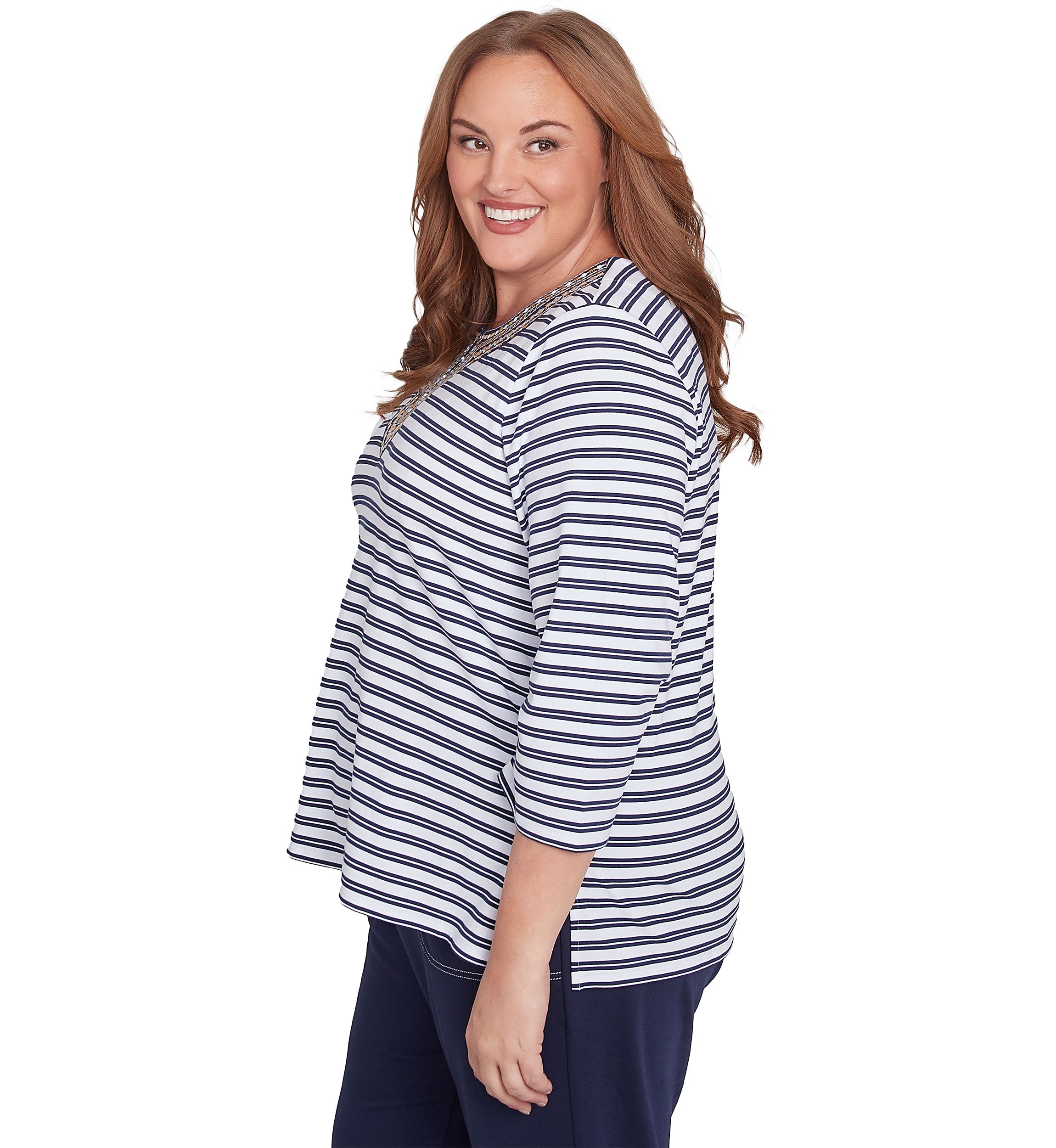 Plus Size Block Island Stripe with Embroidered Yoke Top