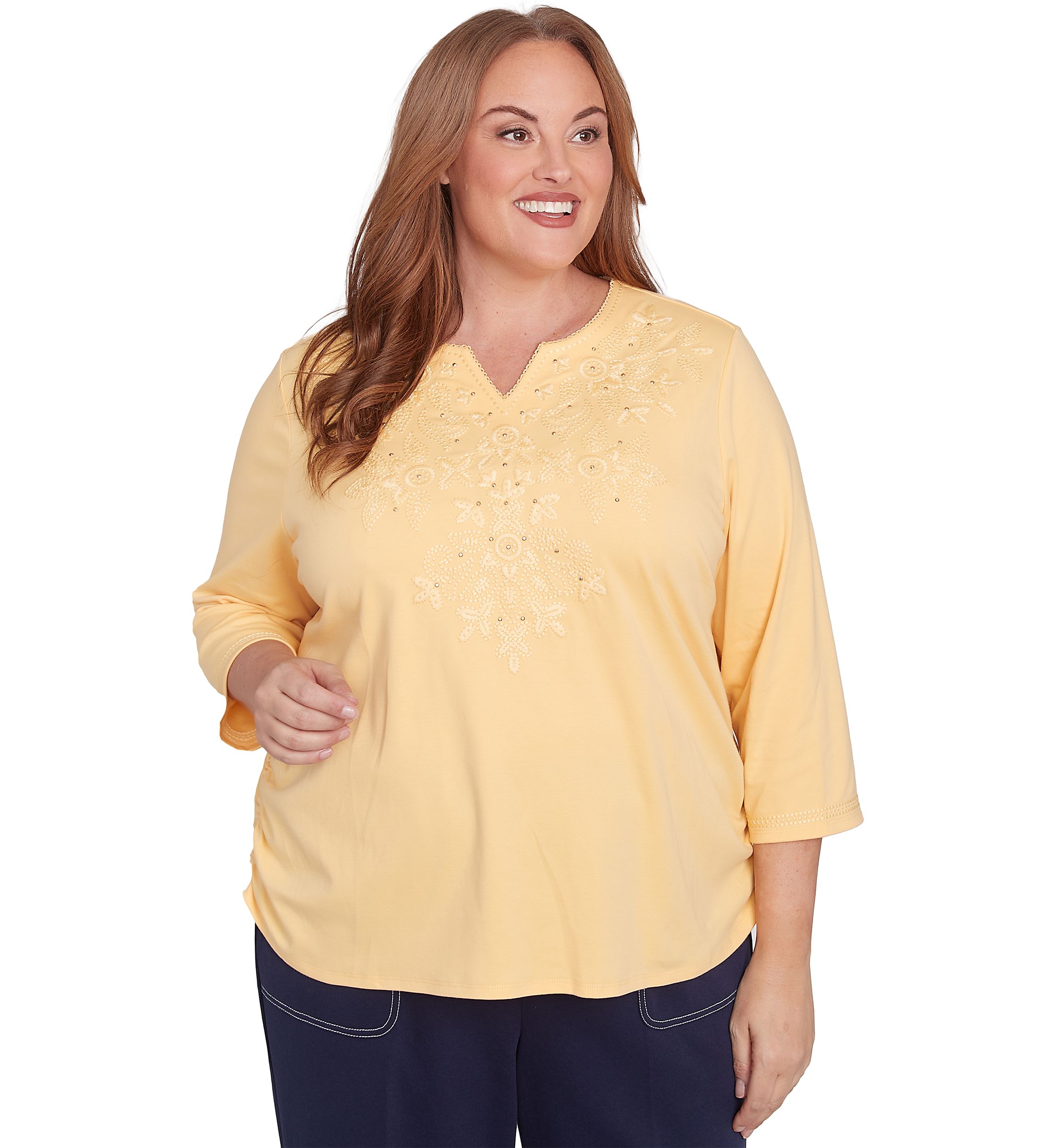 Plus Size Block Island Tonal Embroidered Yoke Top