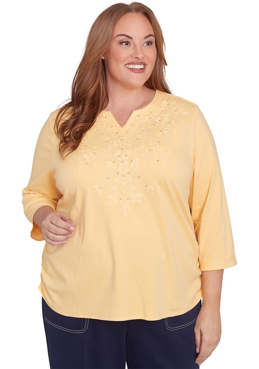 Plus Size Block Island Tonal Embroidered Yoke Top