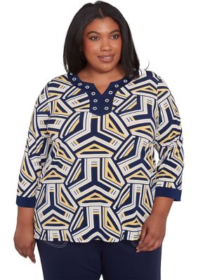 Alfred Dunner Women's Plus Size Block Island Geometric with Grommet Trim Top, 3X