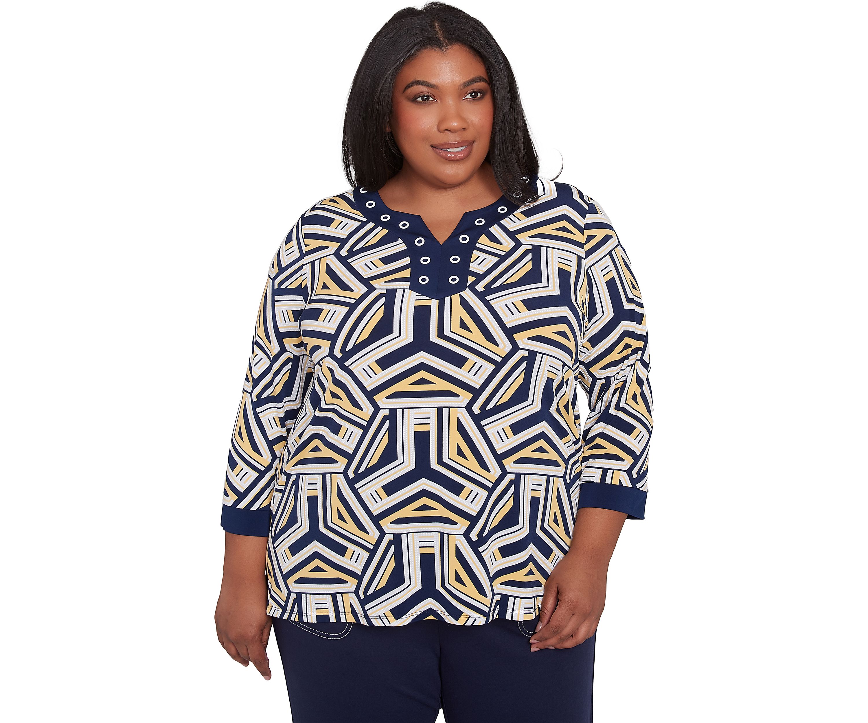 Plus Size Block Island Geometric with Grommet Trim Top 