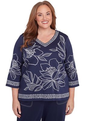 Alfred Dunner Women's Plus Size Block Island Exploded Floral Embroidery Top, Navy Blue, 3X