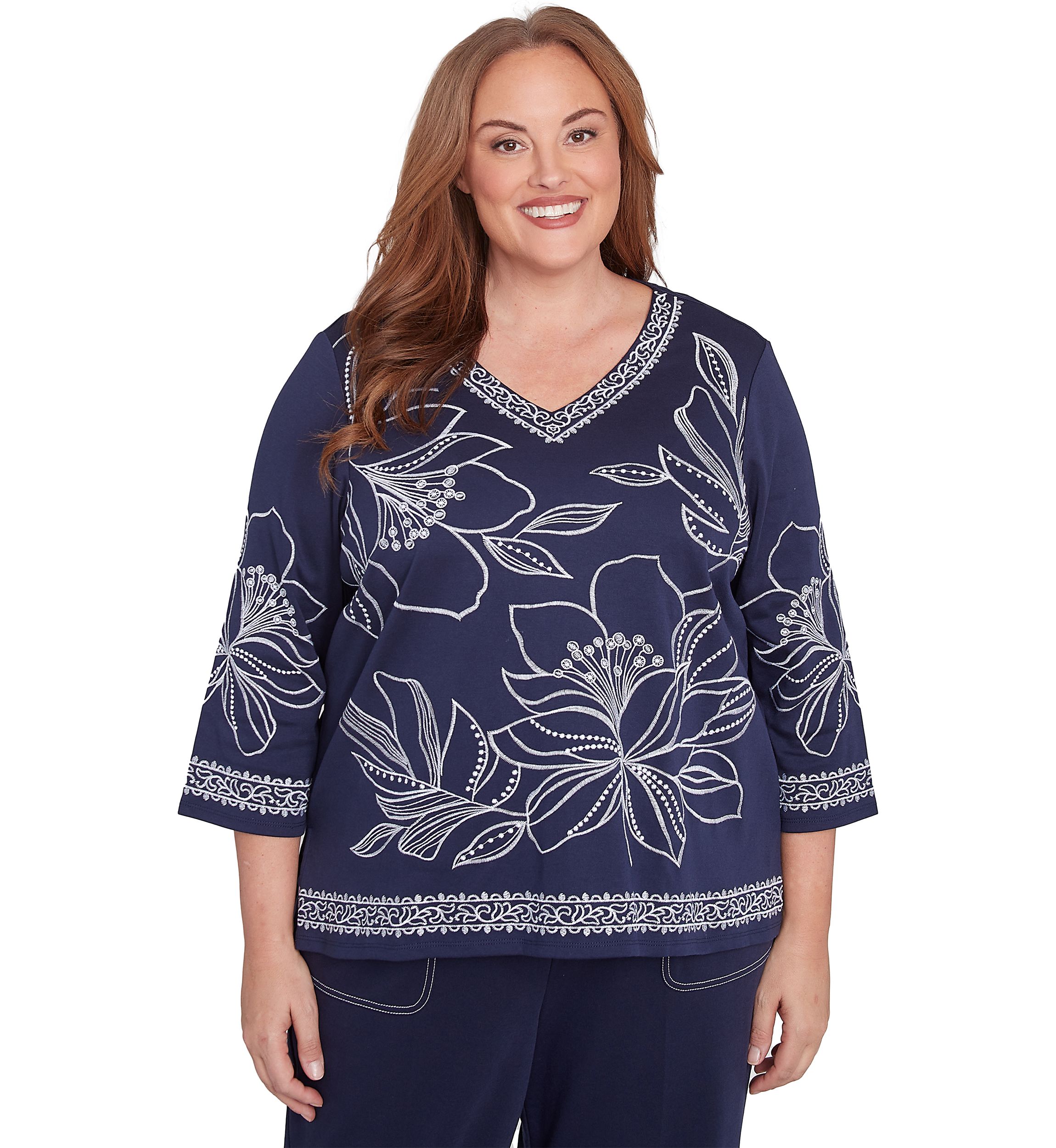 Plus Size Block Island Exploded Floral Embroidery Top