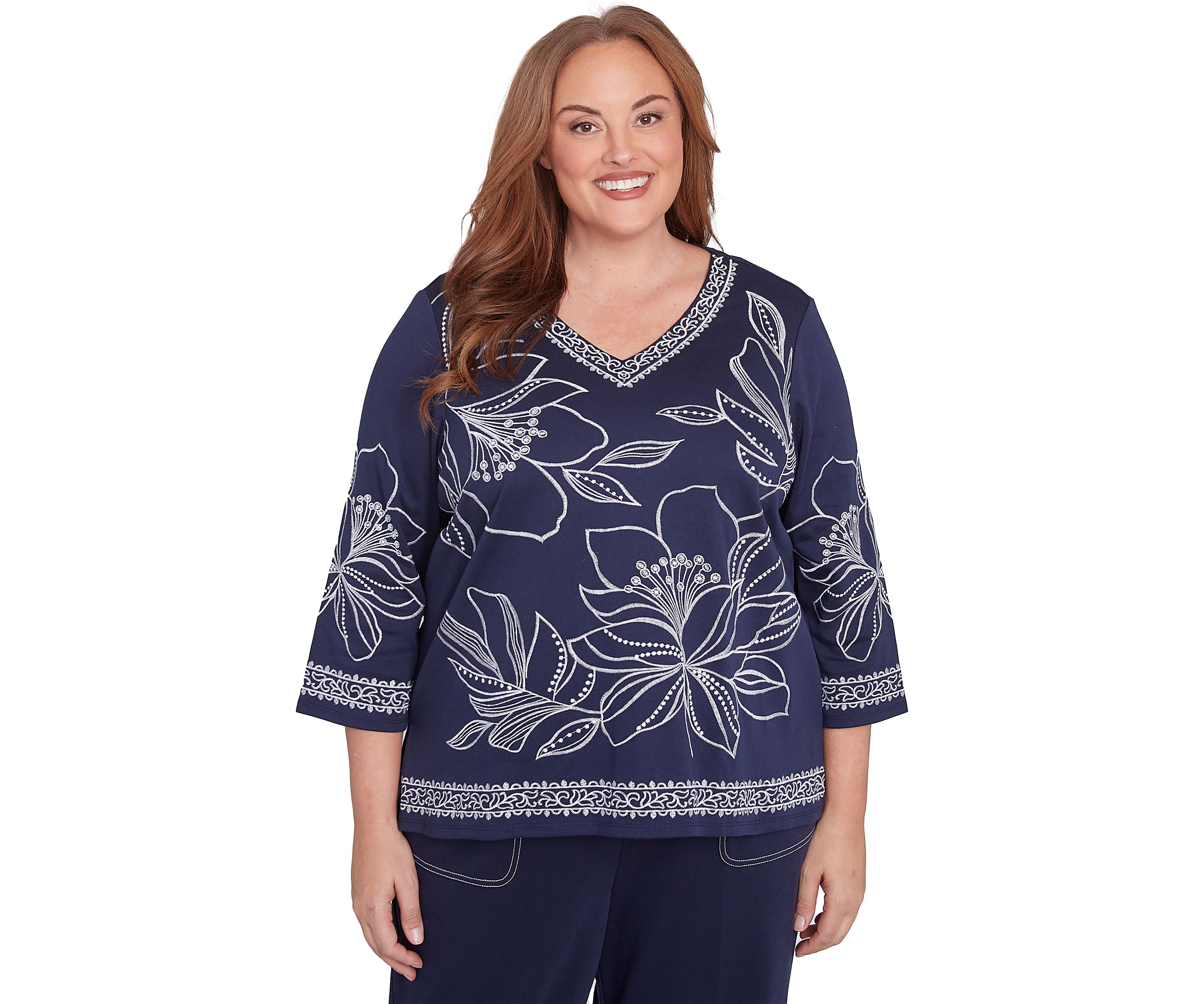 Plus Size Block Island Exploded Floral Embroidery Top