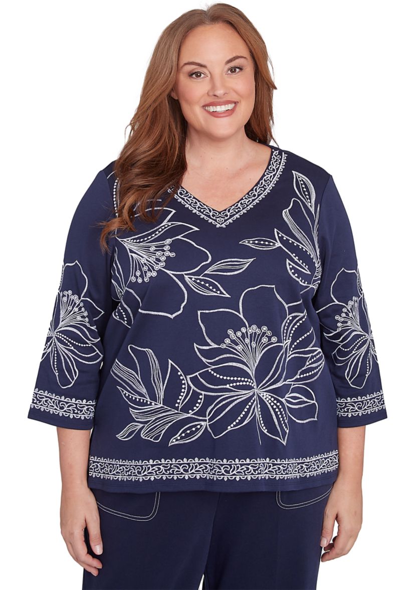 Plus Size Block Island Exploded Floral Embroidery Top