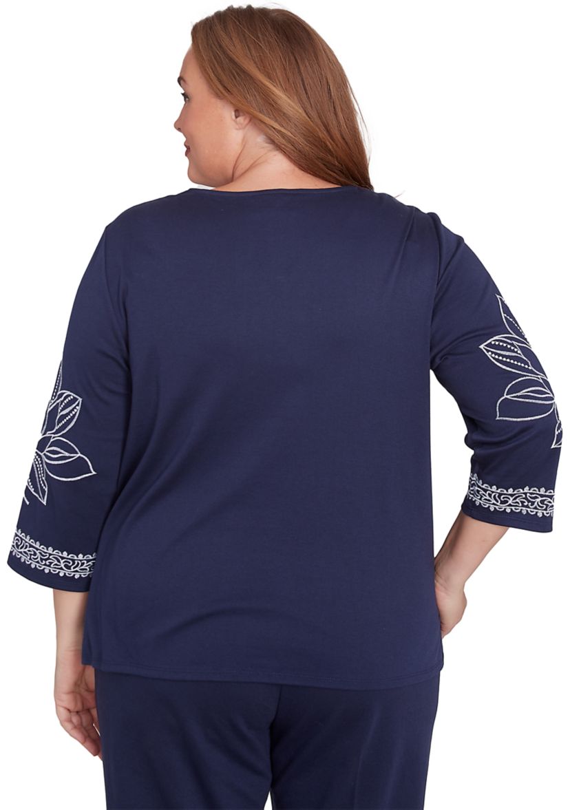 Plus Size Block Island Exploded Floral Embroidery Top
