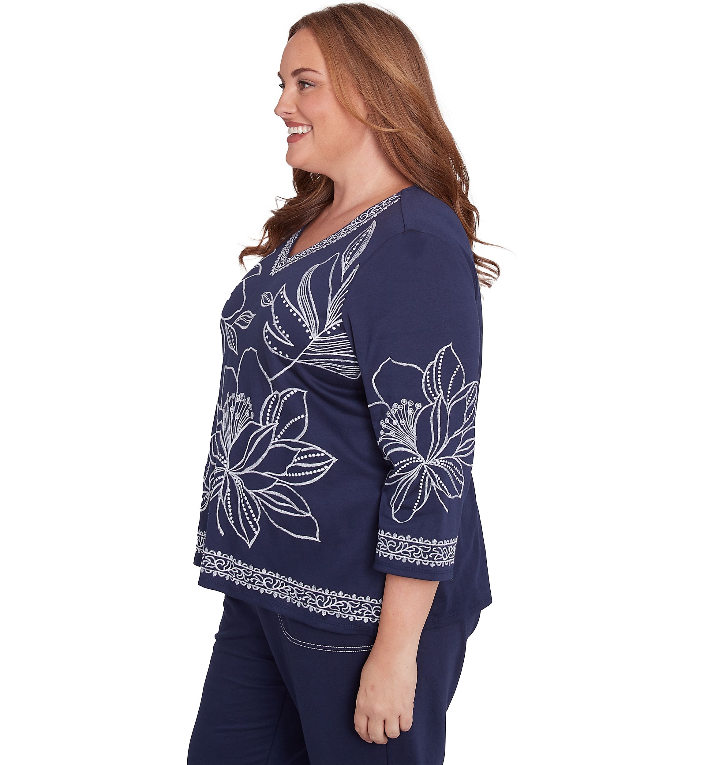 Plus Size Block Island Exploded Floral Embroidery Top
