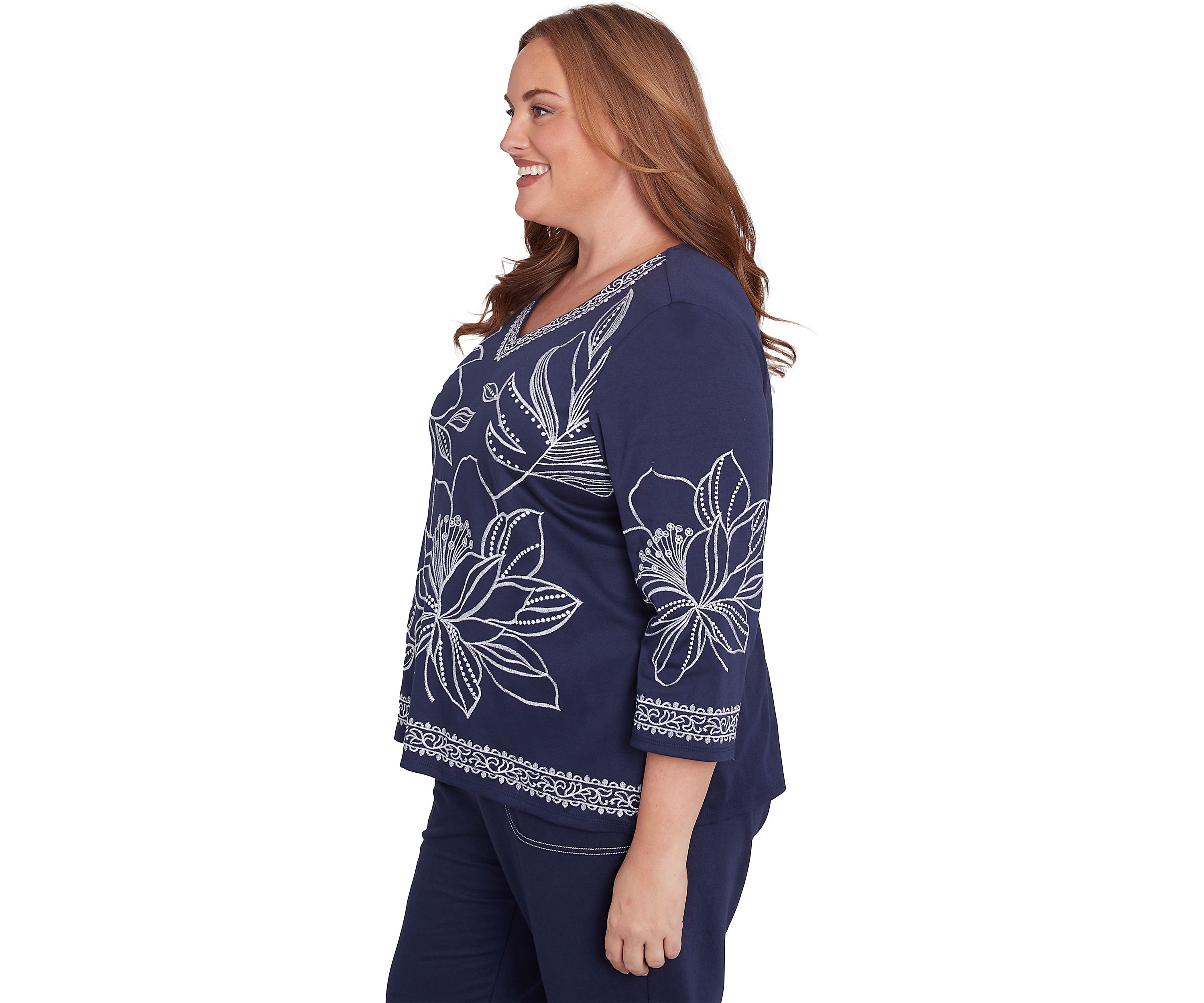Plus Size Block Island Exploded Floral Embroidery Top