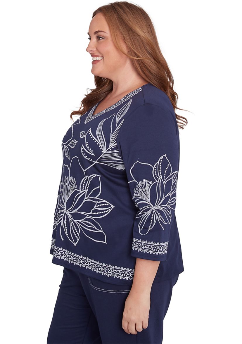 Plus Size Block Island Exploded Floral Embroidery Top