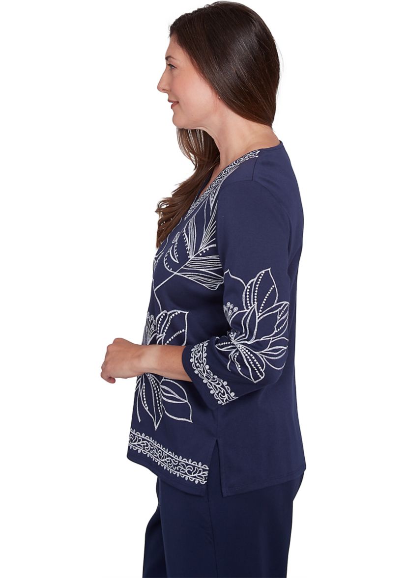 Petite Block Island Exploded Floral Embroidery Top 