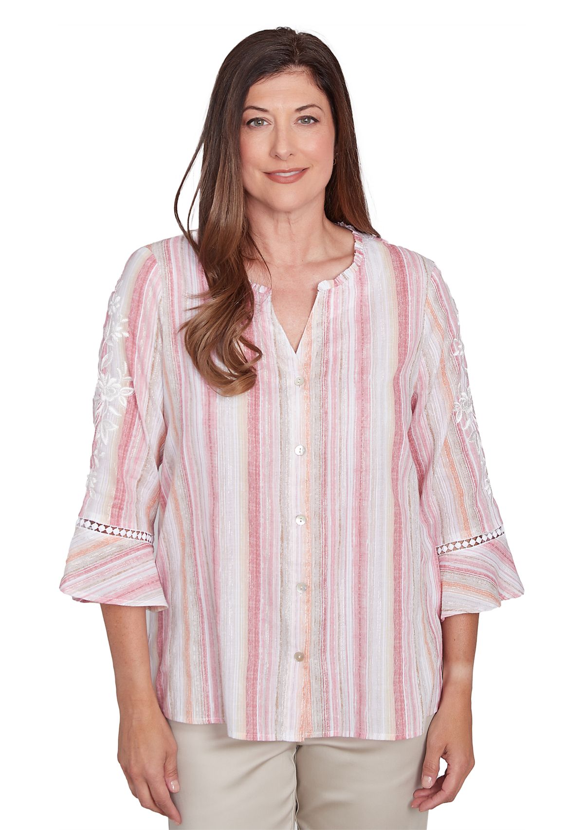 Womens Lurex Stripe Top with Embroidered Sleeves