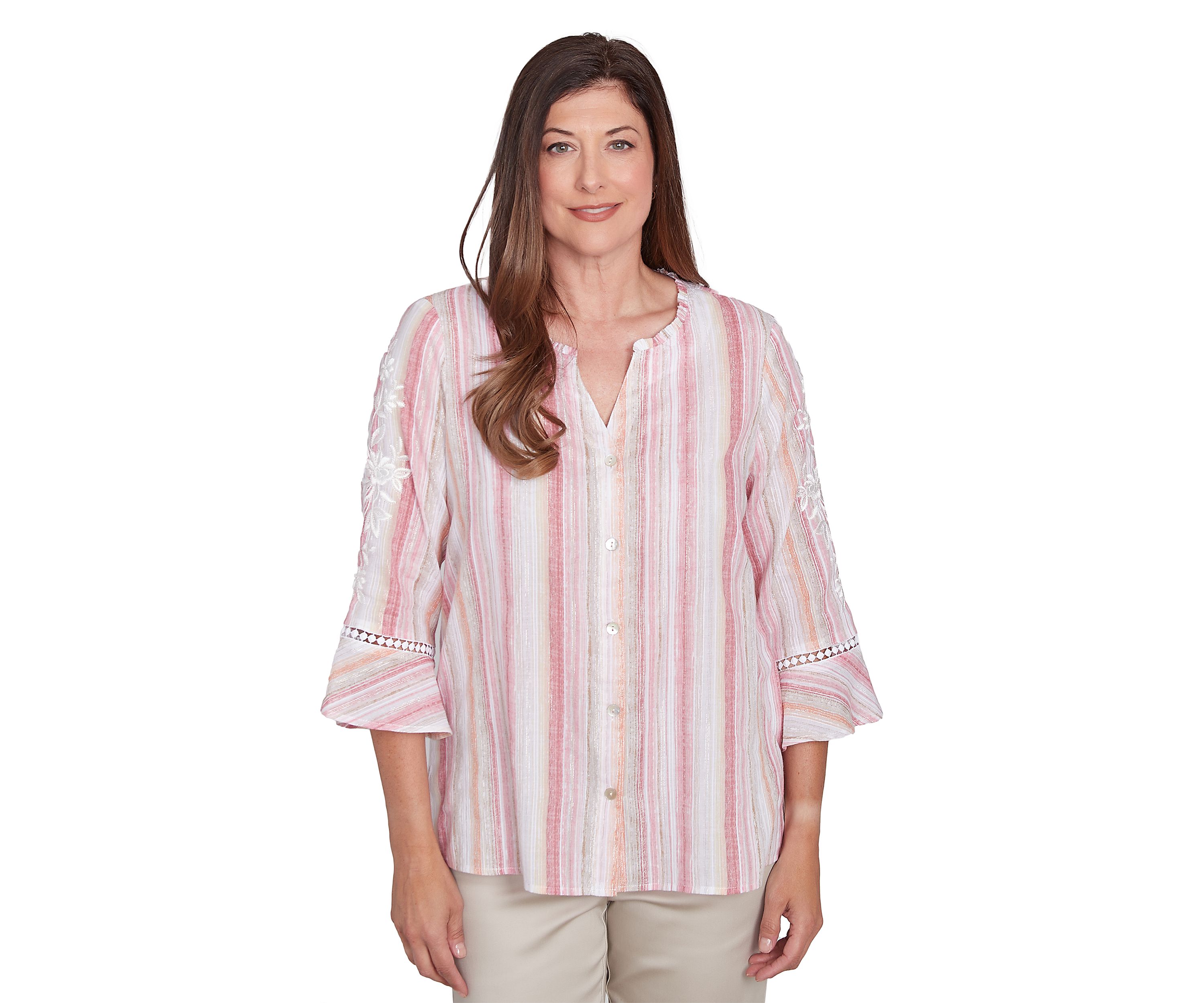 Womens Lurex Stripe Top with Embroidered Sleeves