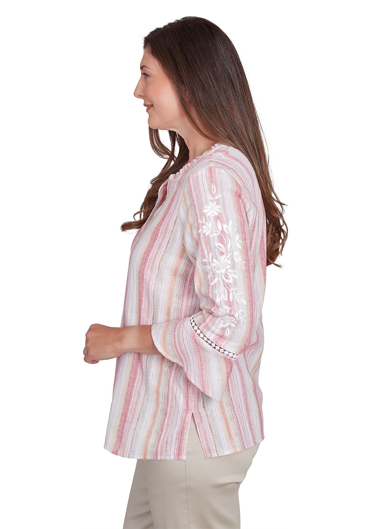 Womens Lurex Stripe Top with Embroidered Sleeves