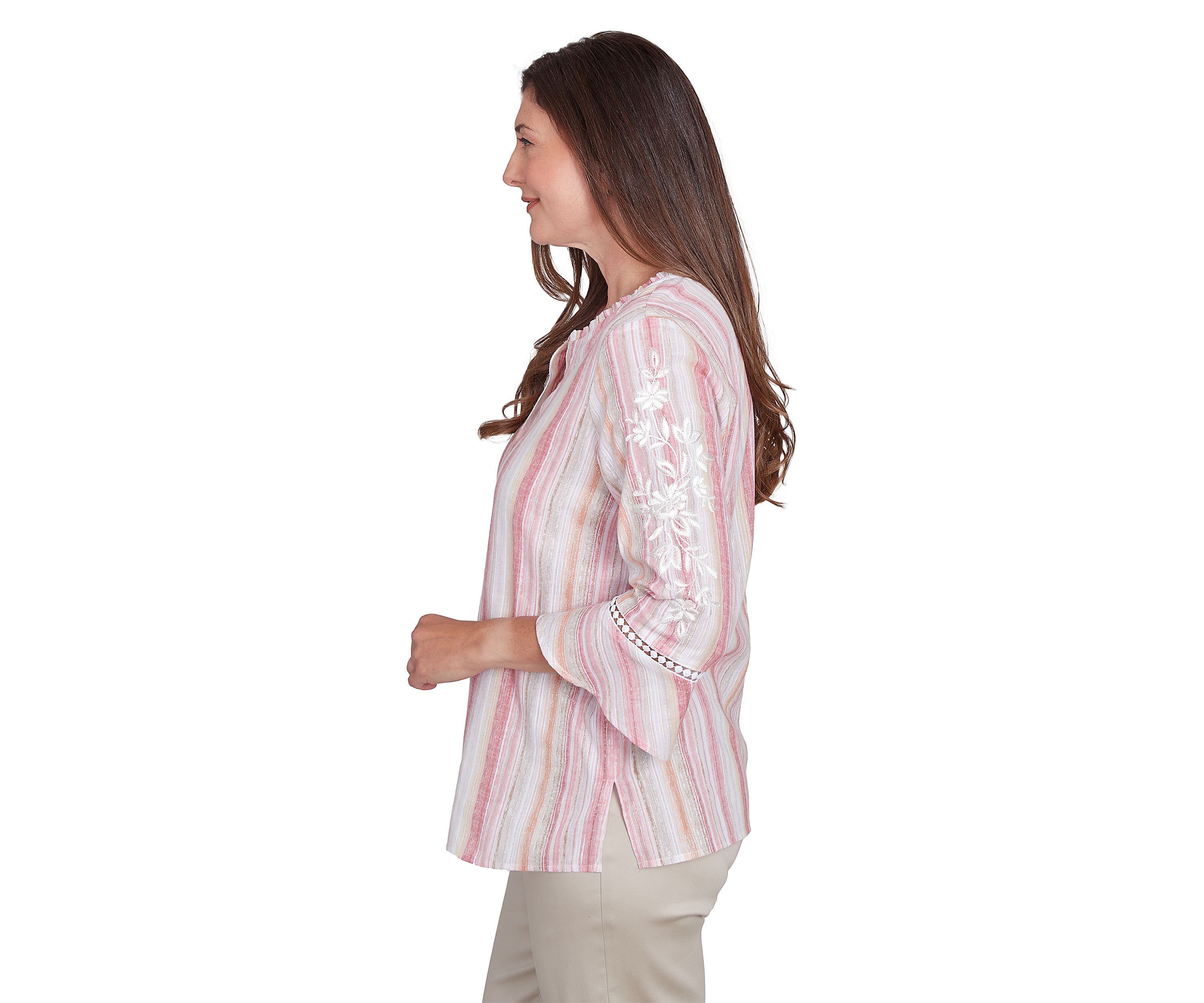 Womens Lurex Stripe Top with Embroidered Sleeves