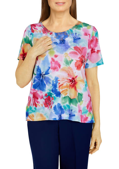 Alfred Dunner Womens Happy Hour Watercolor Floral Knit