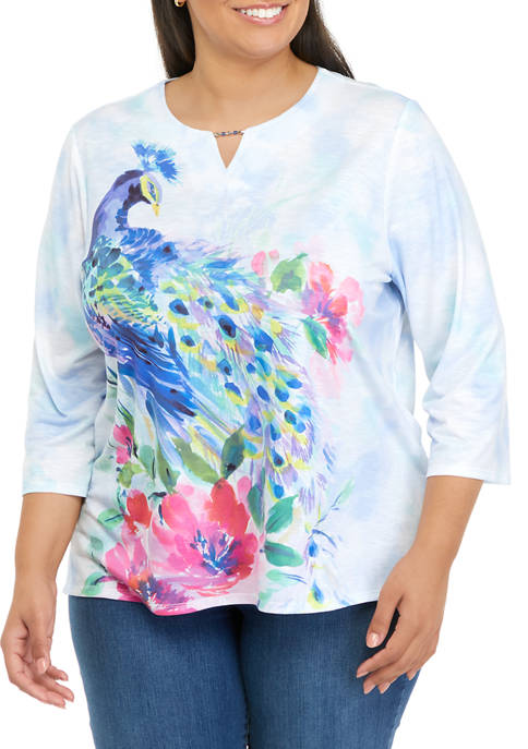 Alfred Dunner Womens Peacock Print Top