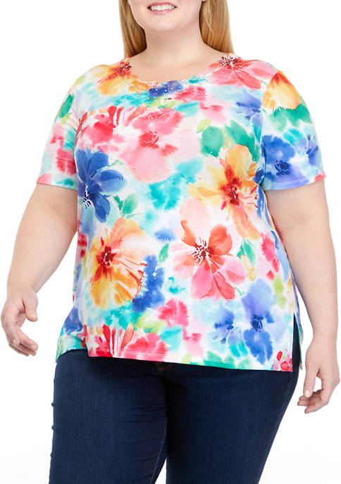 Alfred Dunner Womens Watercolor Print Top