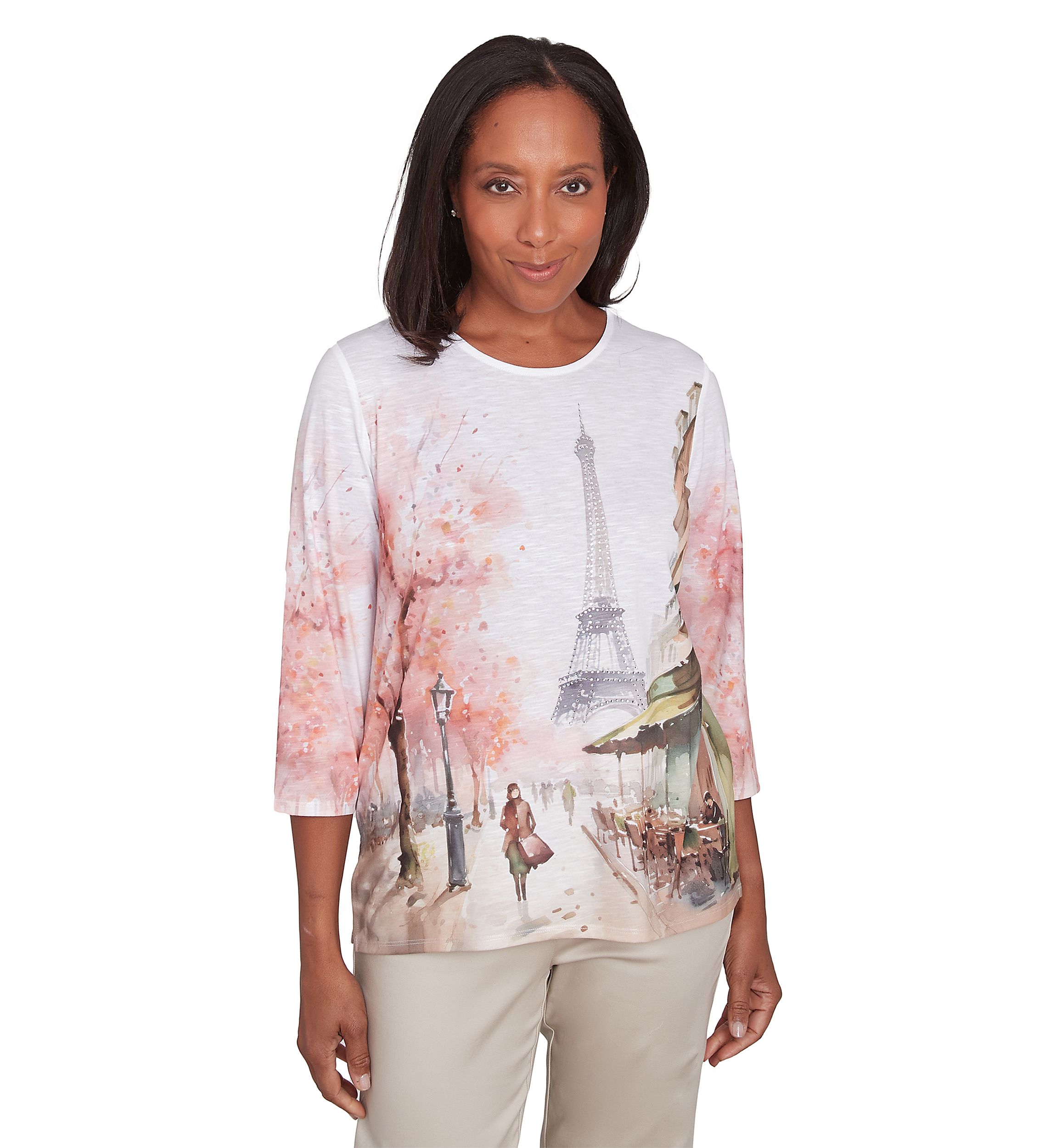 Petite 3/4 Sleeve Paris Scene Knit Top